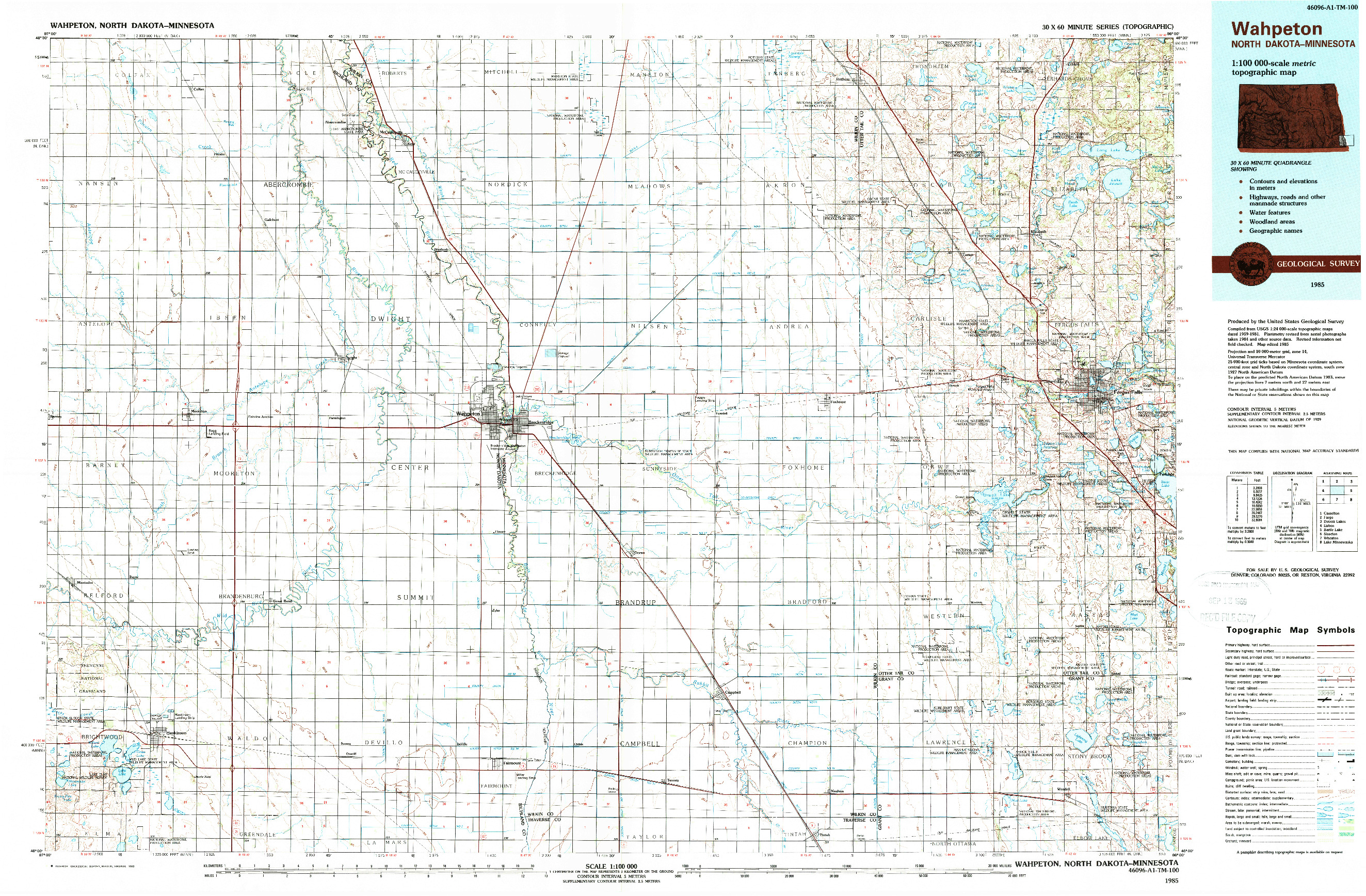 USGS 1:100000-SCALE QUADRANGLE FOR WAHPETON, ND 1985