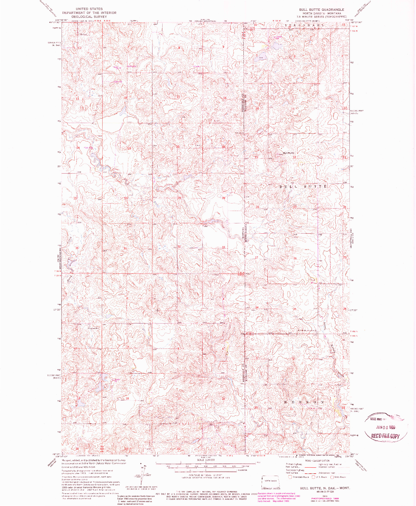 USGS 1:24000-SCALE QUADRANGLE FOR BULL BUTTE, ND 1974