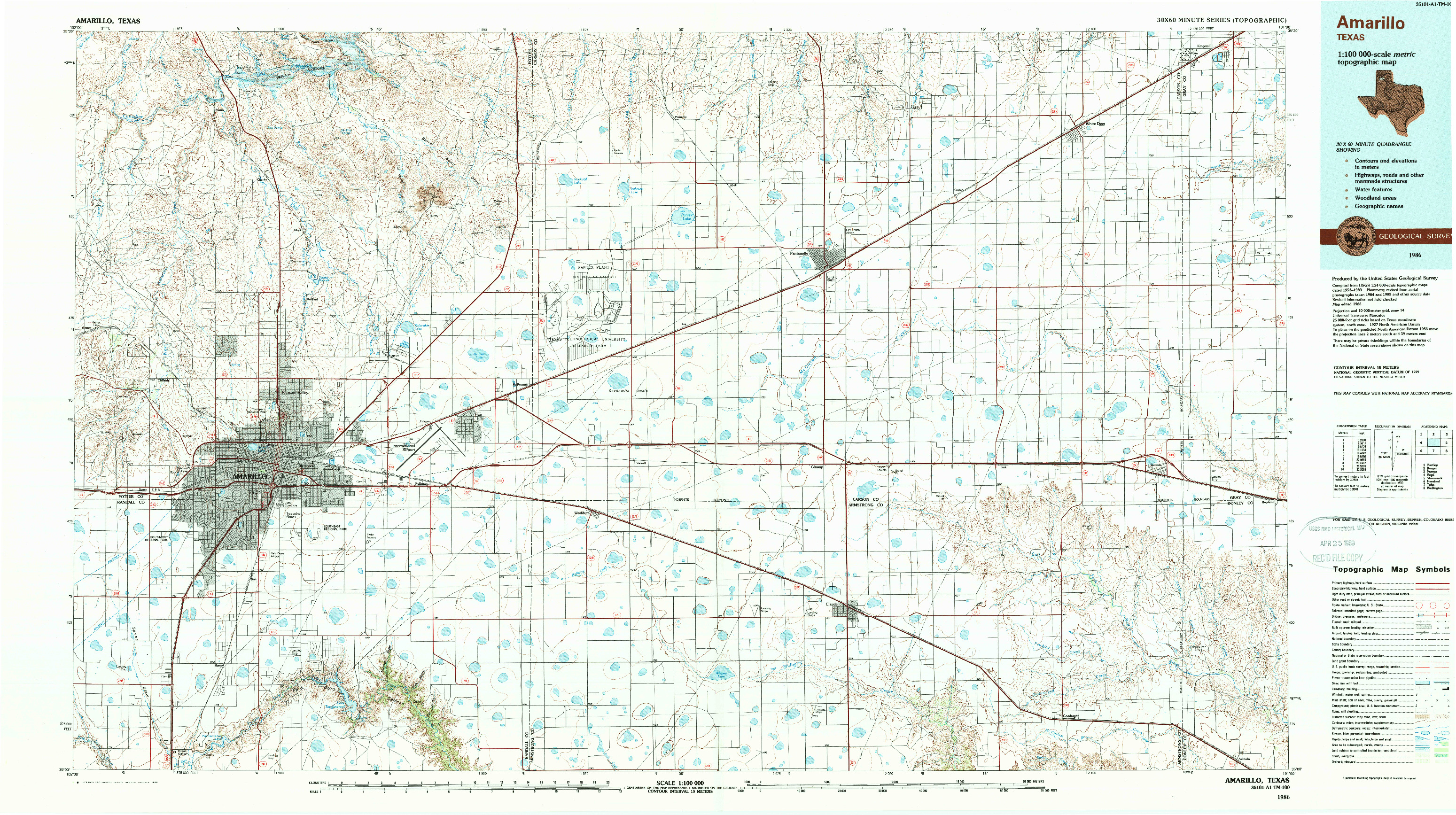 USGS 1:100000-SCALE QUADRANGLE FOR AMARILLO, TX 1986