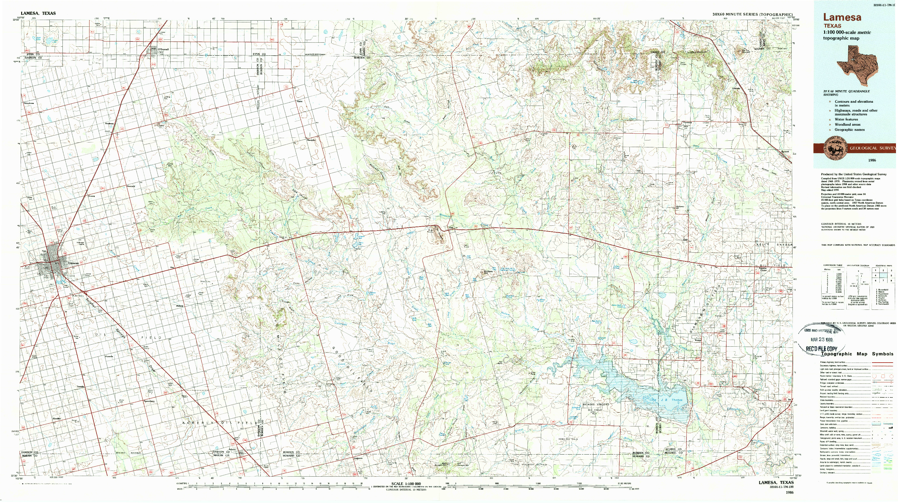 USGS 1:100000-SCALE QUADRANGLE FOR LAMESA, TX 1986