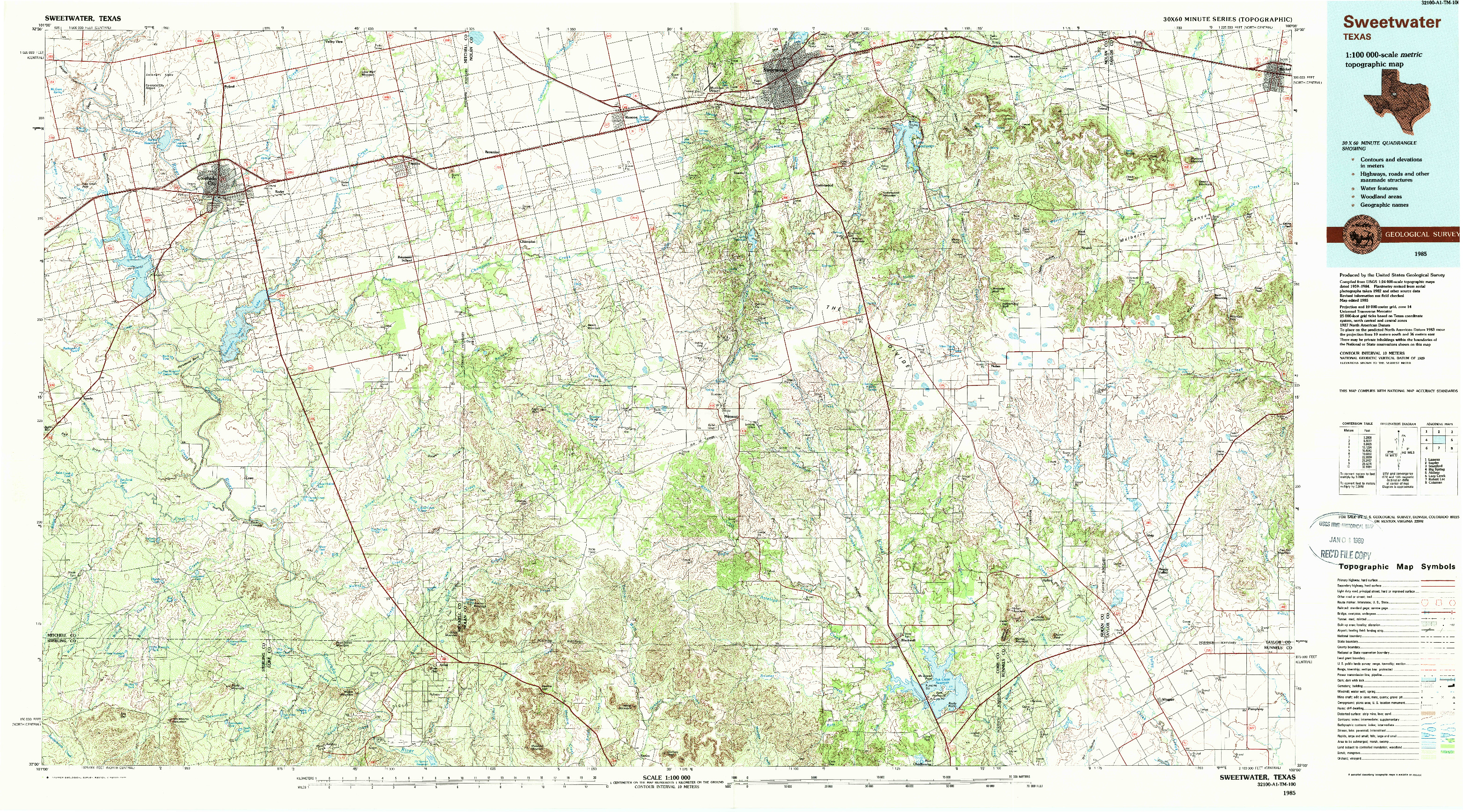 USGS 1:100000-SCALE QUADRANGLE FOR SWEETWATER, TX 1985