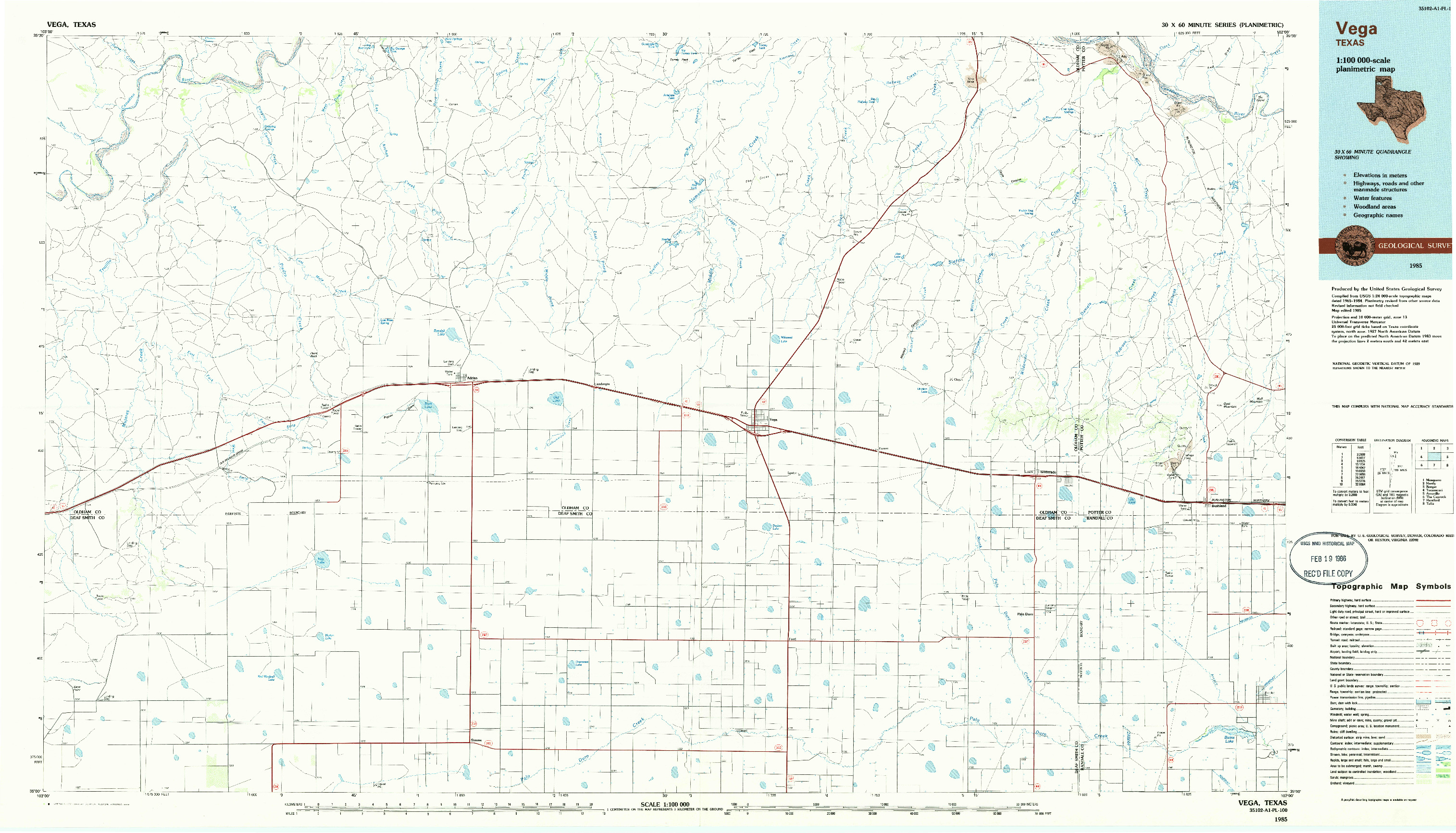 USGS 1:100000-SCALE QUADRANGLE FOR VEGA, TX 1985
