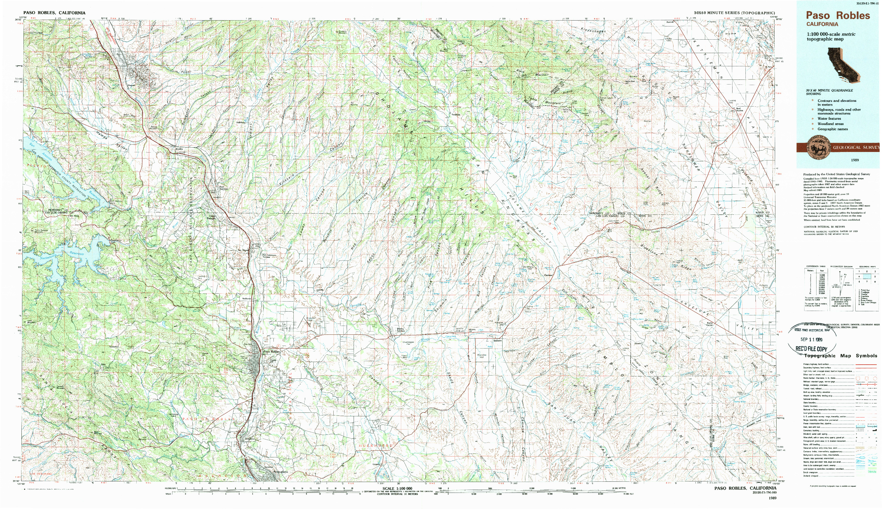 USGS 1:100000-SCALE QUADRANGLE FOR PASO ROBLES, CA 1989