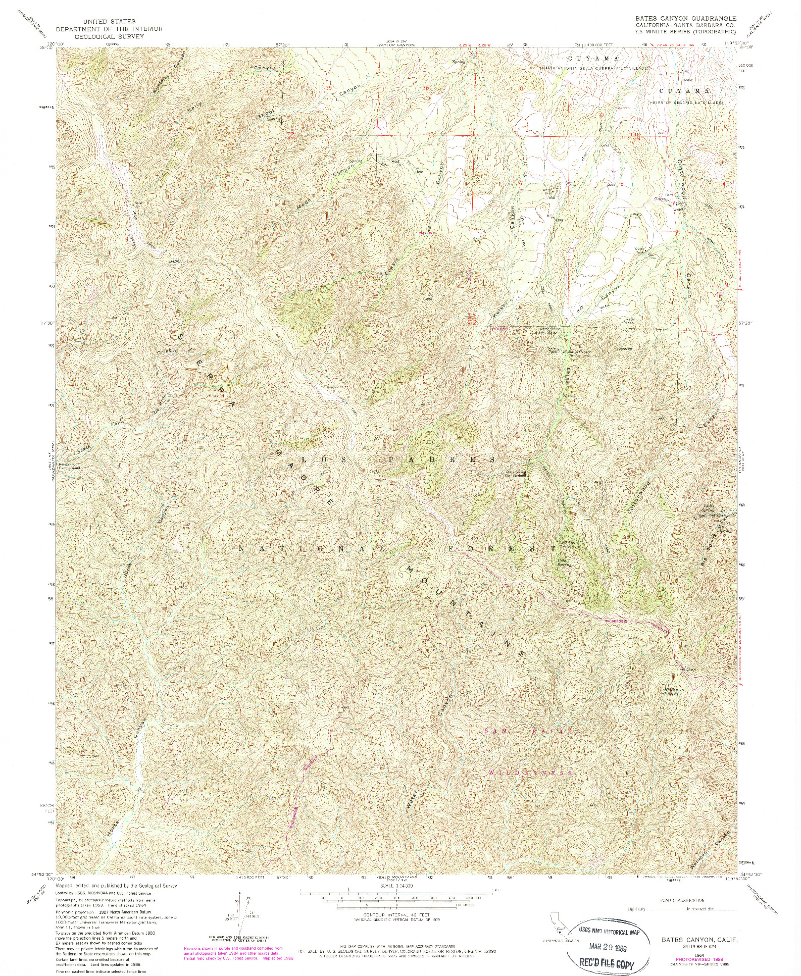 USGS 1:24000-SCALE QUADRANGLE FOR BATES CANYON, CA 1964