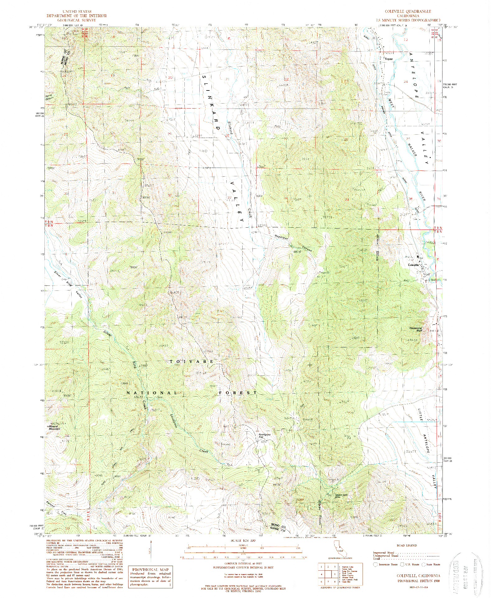 USGS 1:24000-SCALE QUADRANGLE FOR COLEVILLE, CA 1988