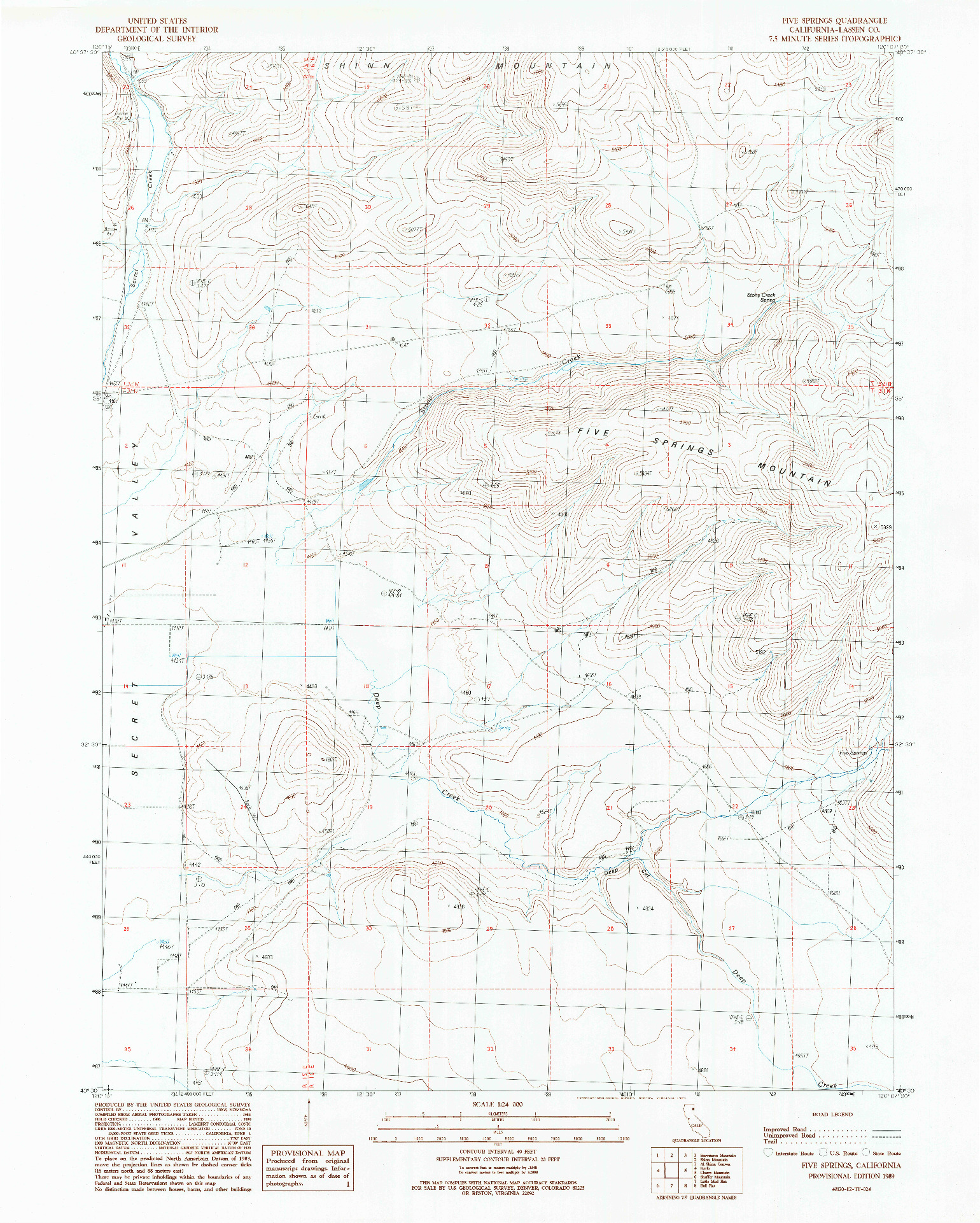 USGS 1:24000-SCALE QUADRANGLE FOR FIVE SPRINGS, CA 1989