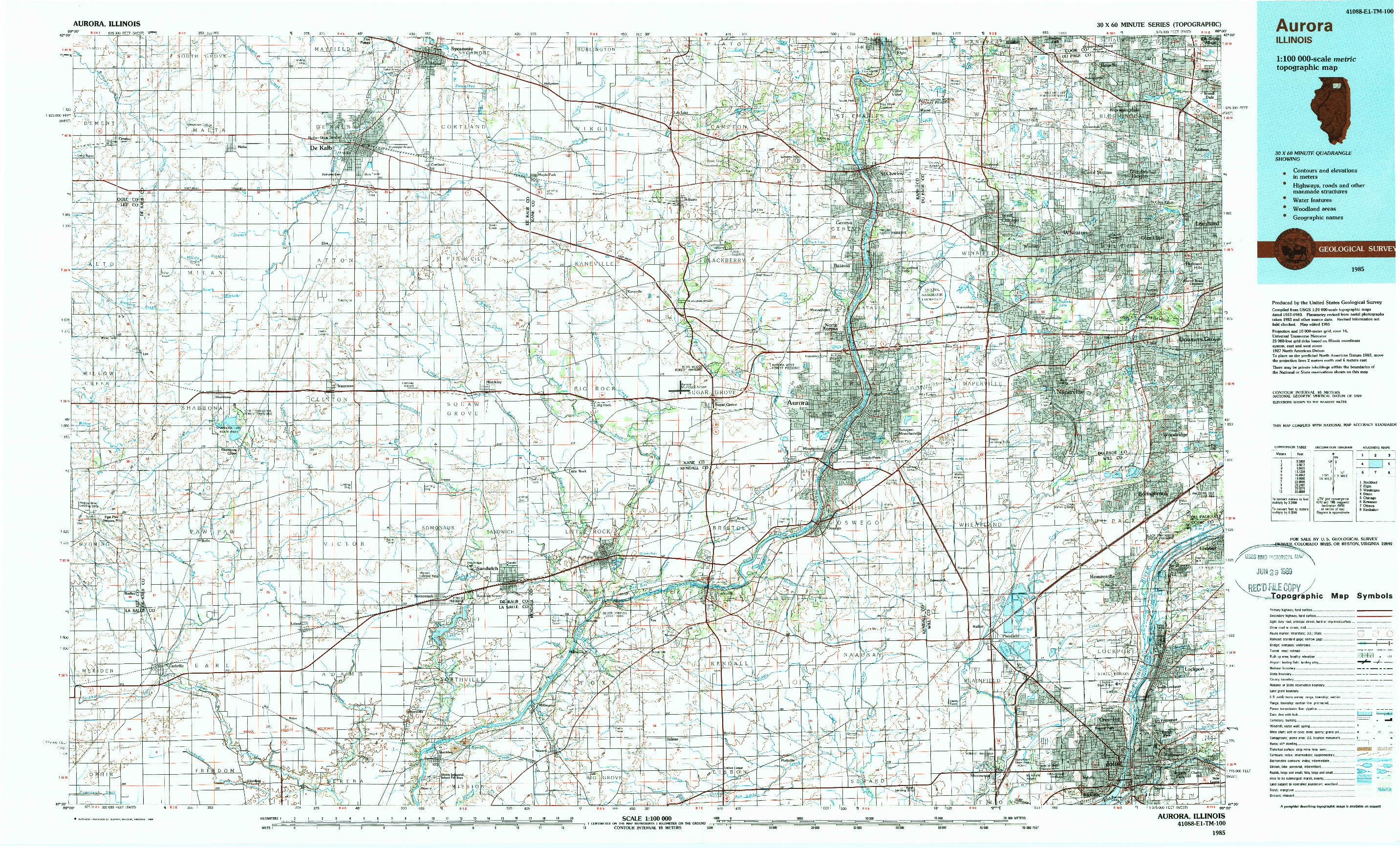 USGS 1:100000-SCALE QUADRANGLE FOR AURORA, IL 1985