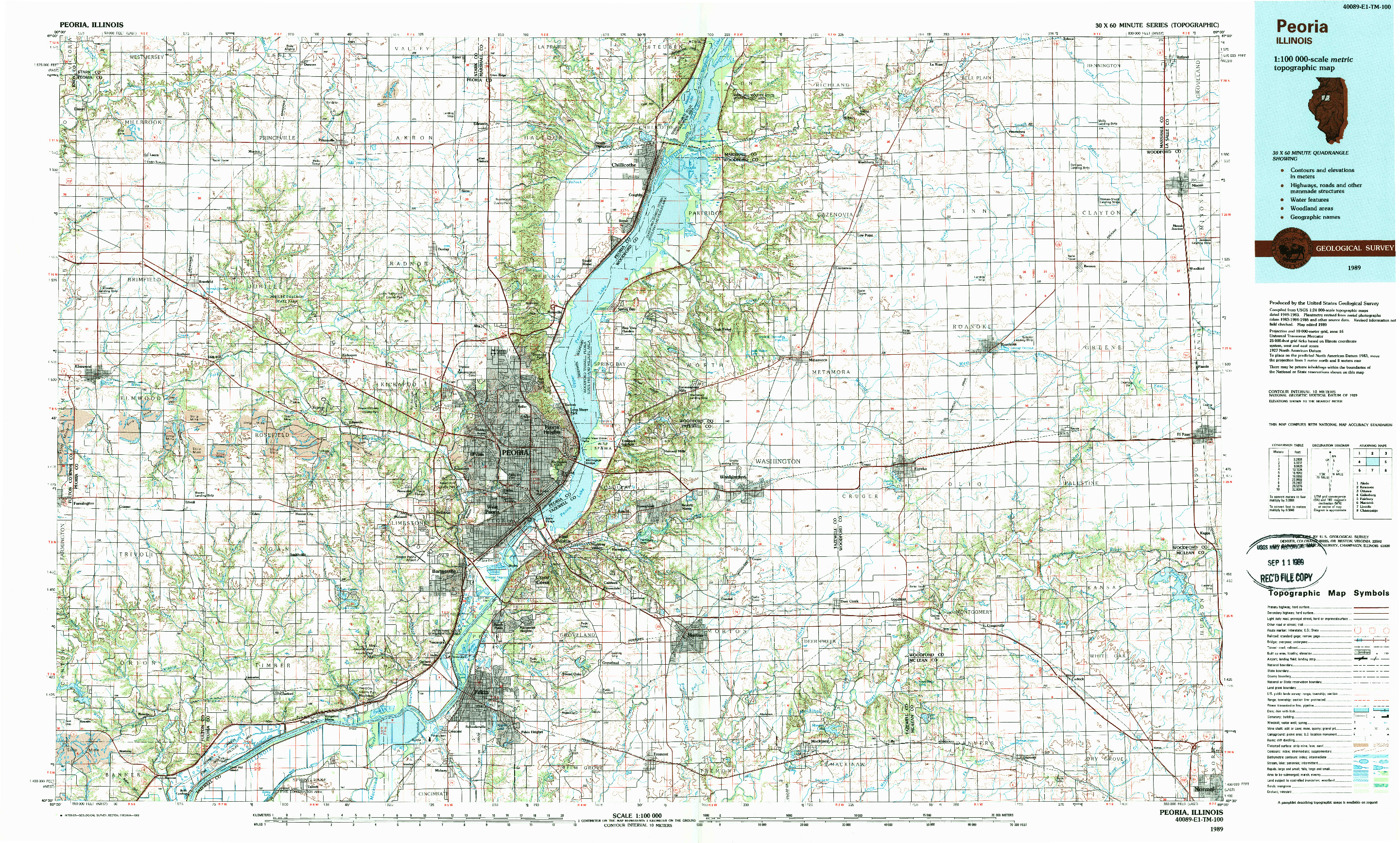 USGS 1:100000-SCALE QUADRANGLE FOR PEORIA, IL 1989