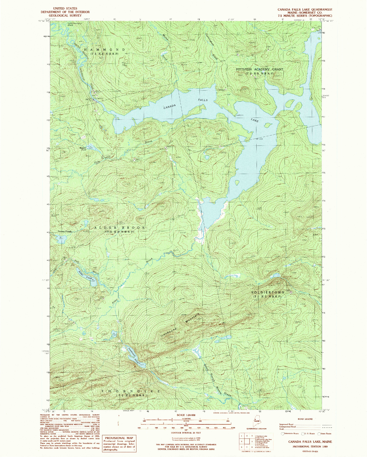 USGS 1:24000-SCALE QUADRANGLE FOR CANADA FALLS LAKE, ME 1989