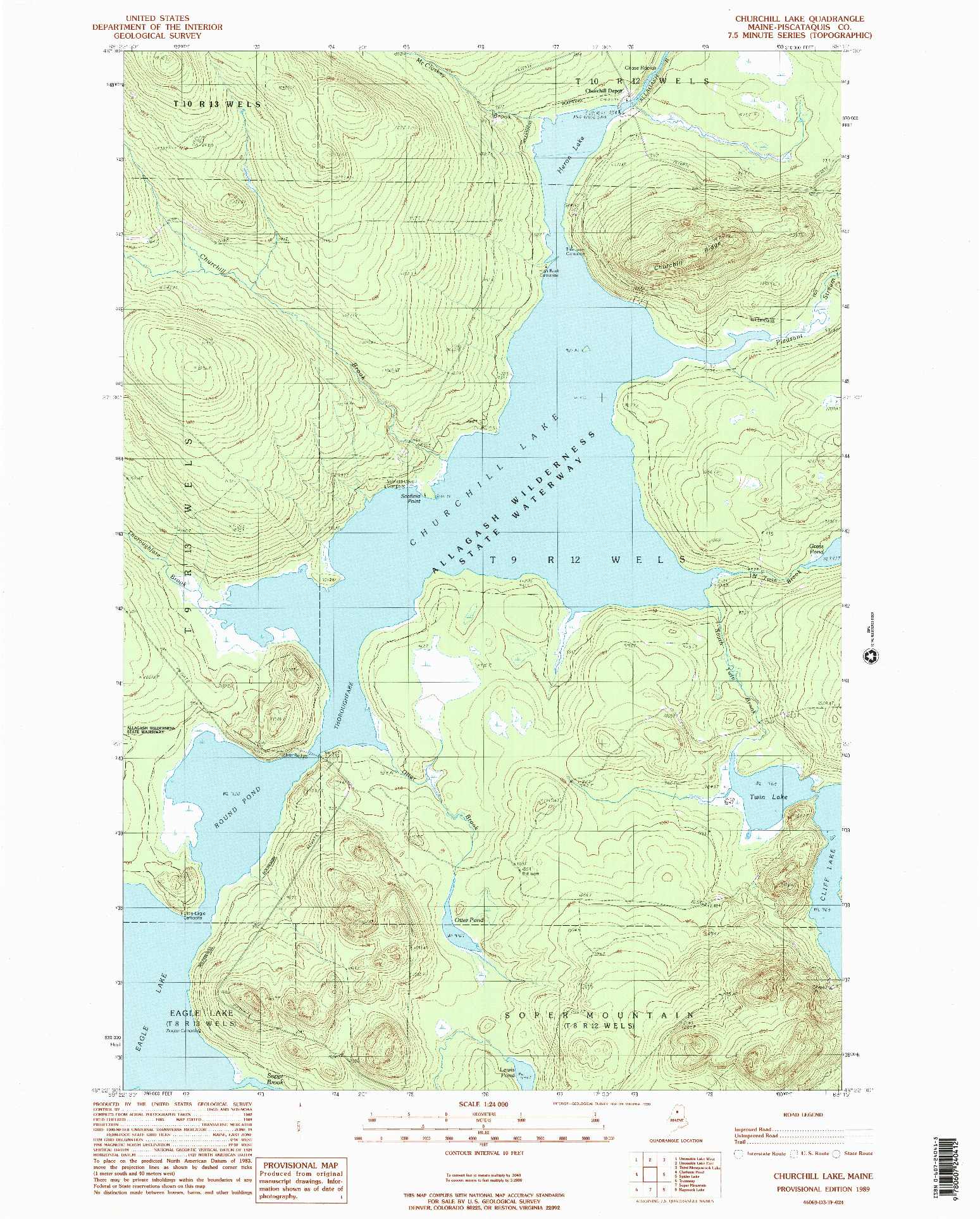 USGS 1:24000-SCALE QUADRANGLE FOR CHURCHILL LAKE, ME 1989