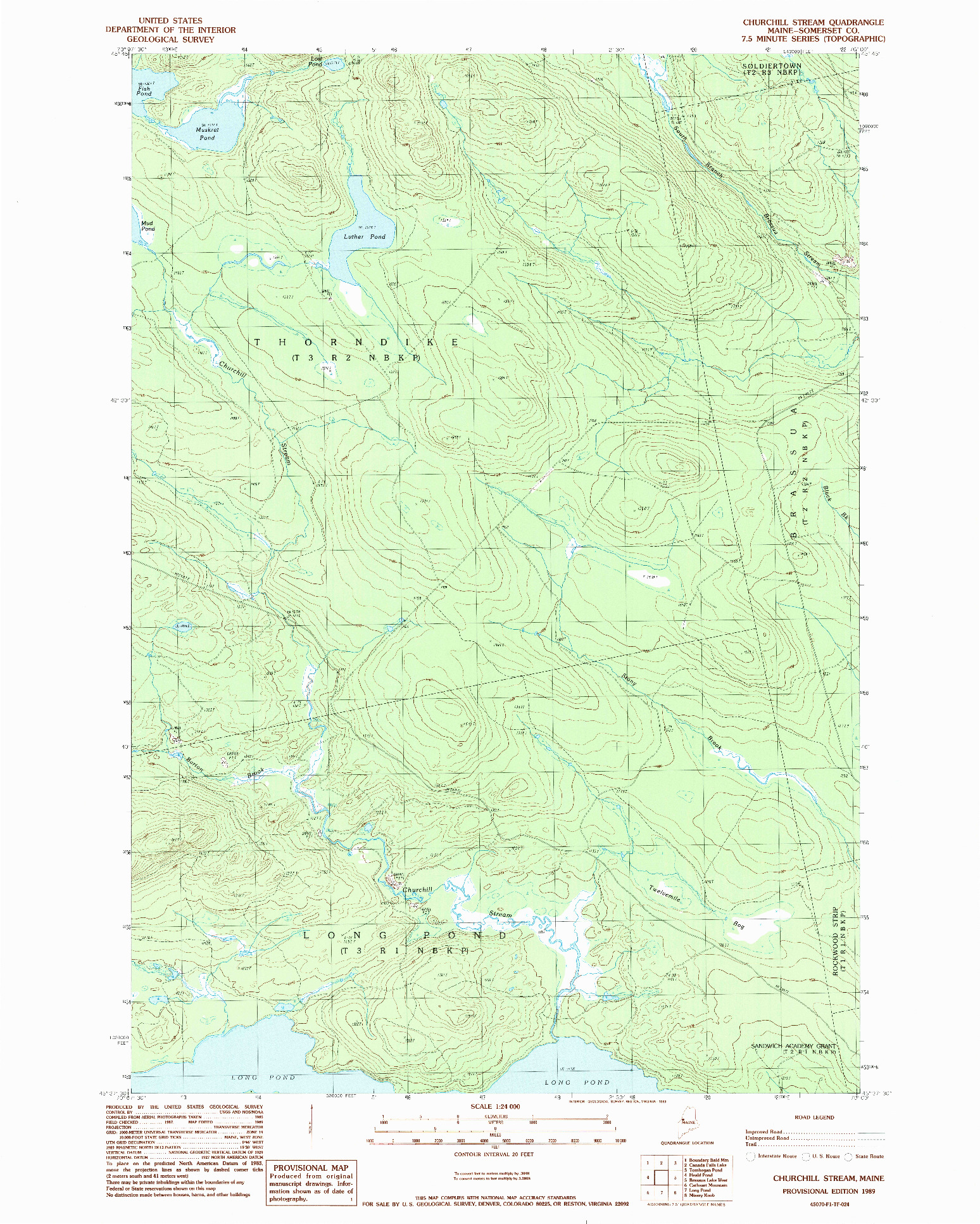 USGS 1:24000-SCALE QUADRANGLE FOR CHURCHILL STREAM, ME 1989