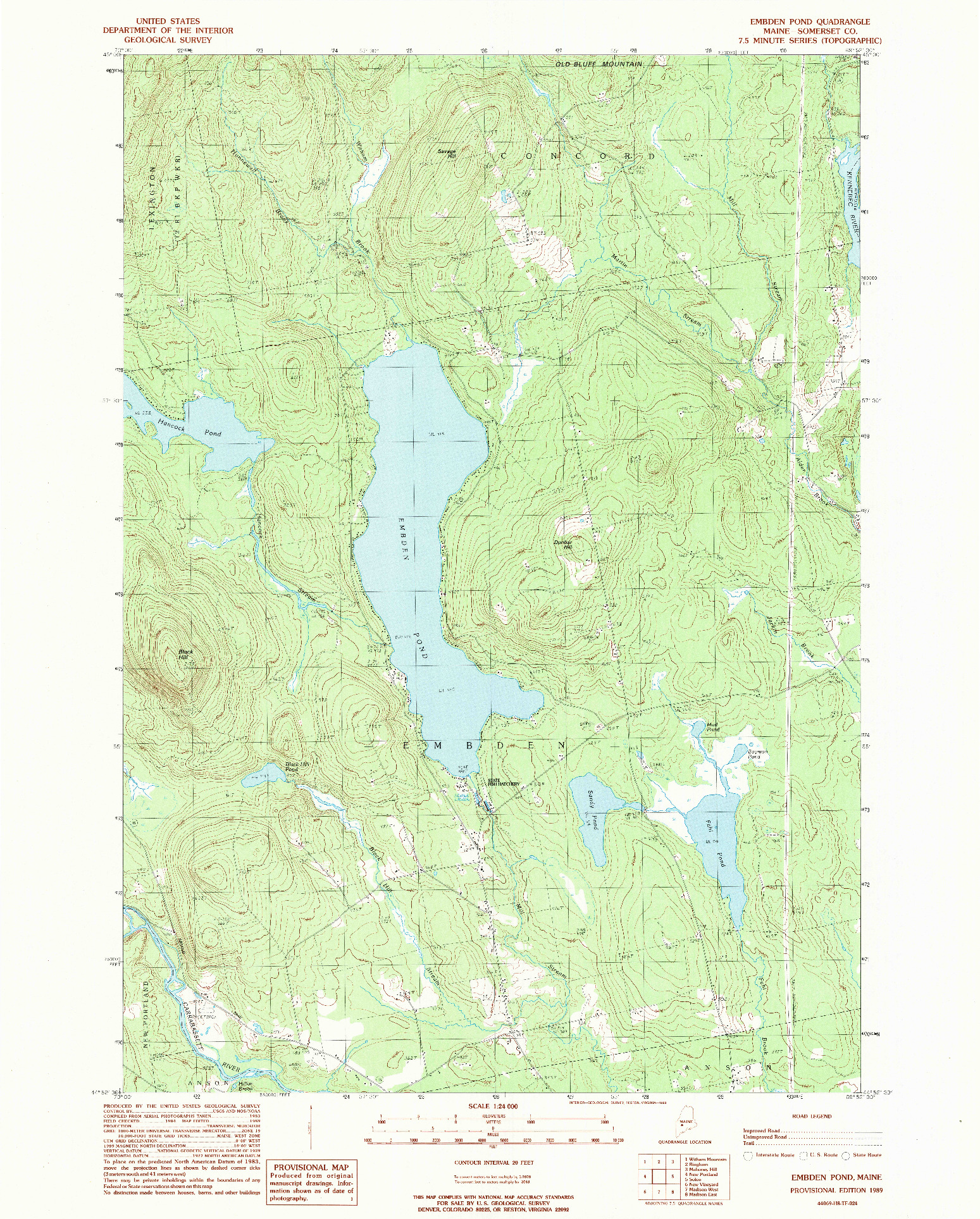 USGS 1:24000-SCALE QUADRANGLE FOR EMBDEN POND, ME 1989