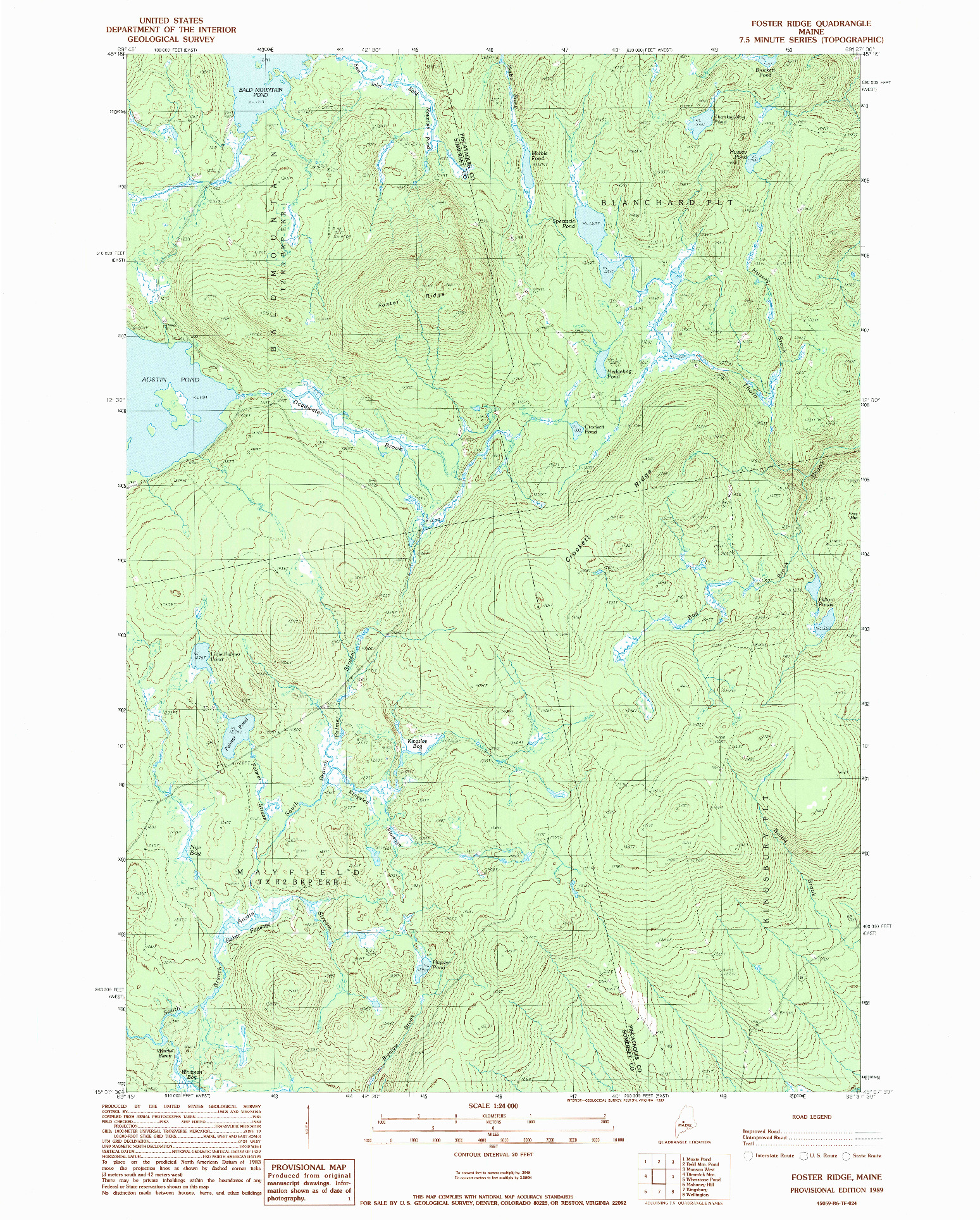 USGS 1:24000-SCALE QUADRANGLE FOR FOSTER RIDGE, ME 1989