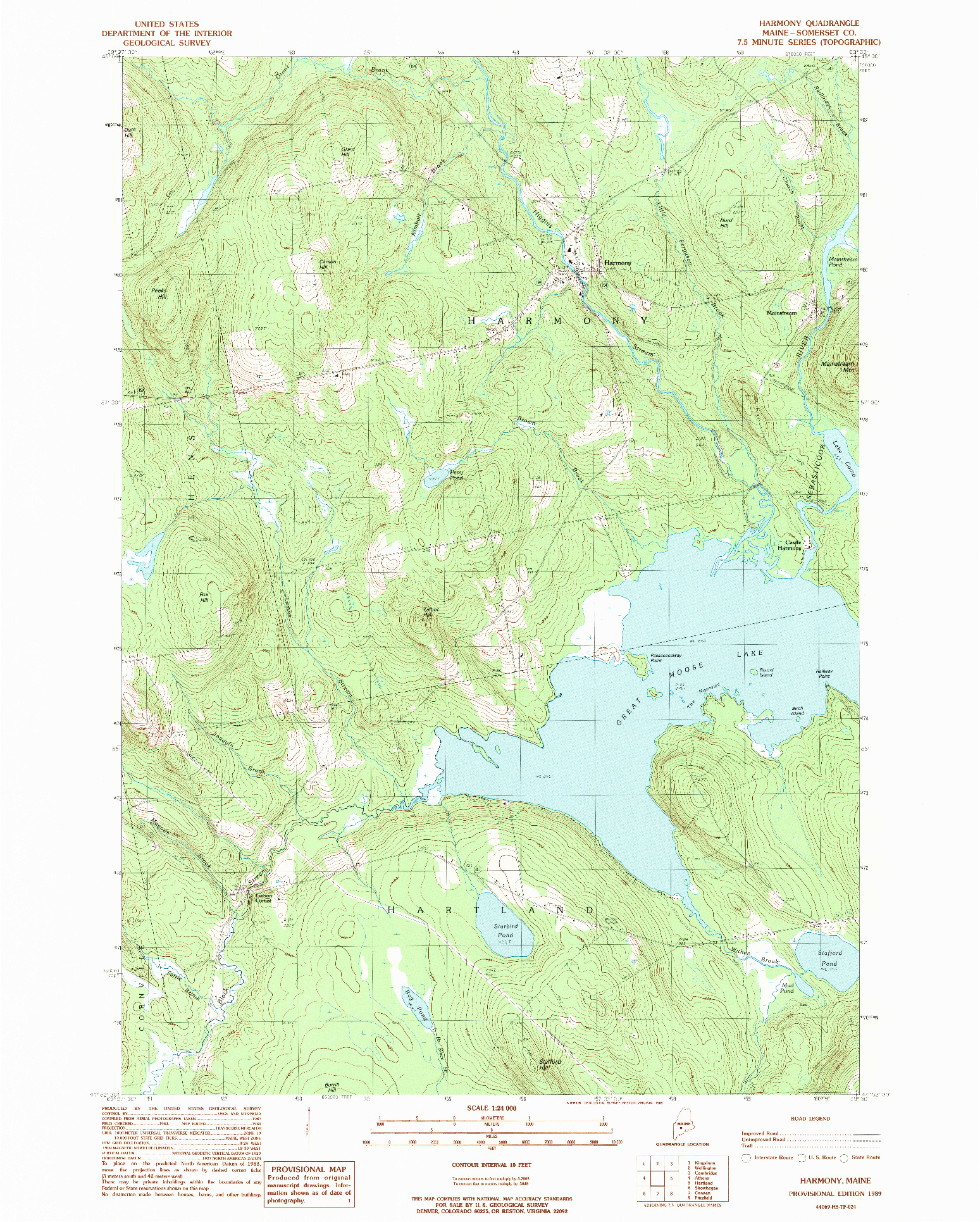 USGS 1:24000-SCALE QUADRANGLE FOR HARMONY, ME 1989