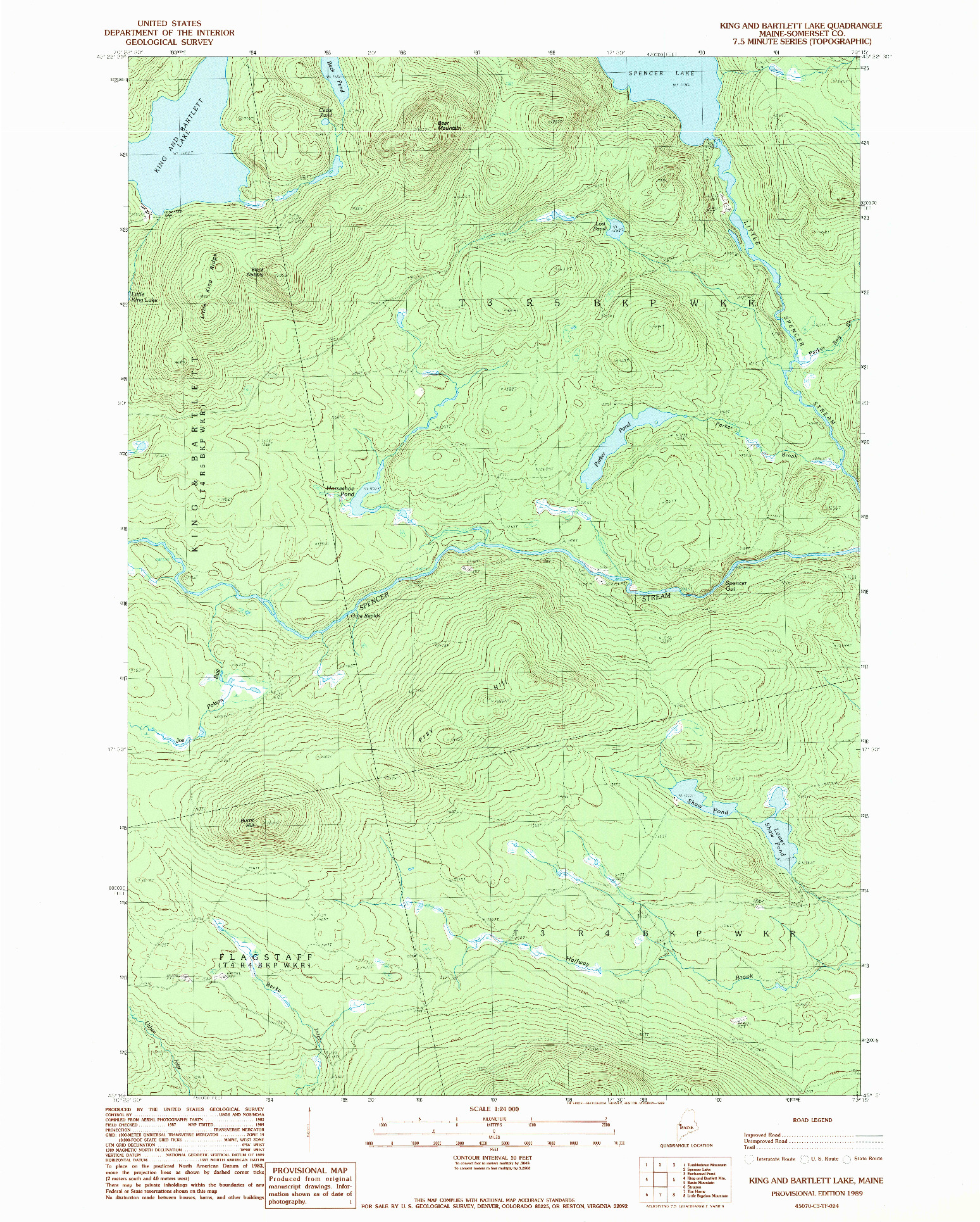 USGS 1:24000-SCALE QUADRANGLE FOR KIND AND BARTLETT LAKE, ME 1989