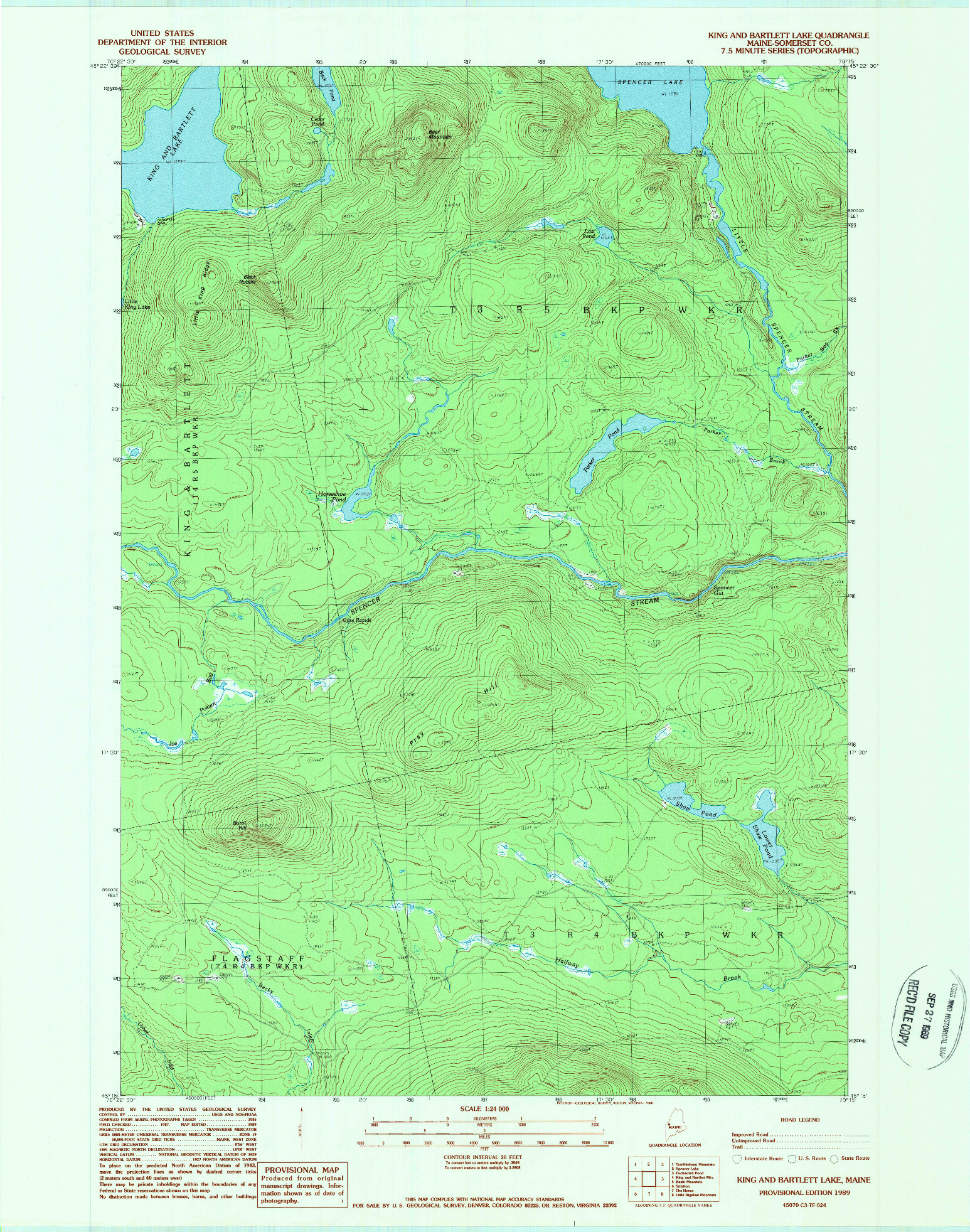 USGS 1:24000-SCALE QUADRANGLE FOR KING AND BARTLETT LAKE, ME 1989