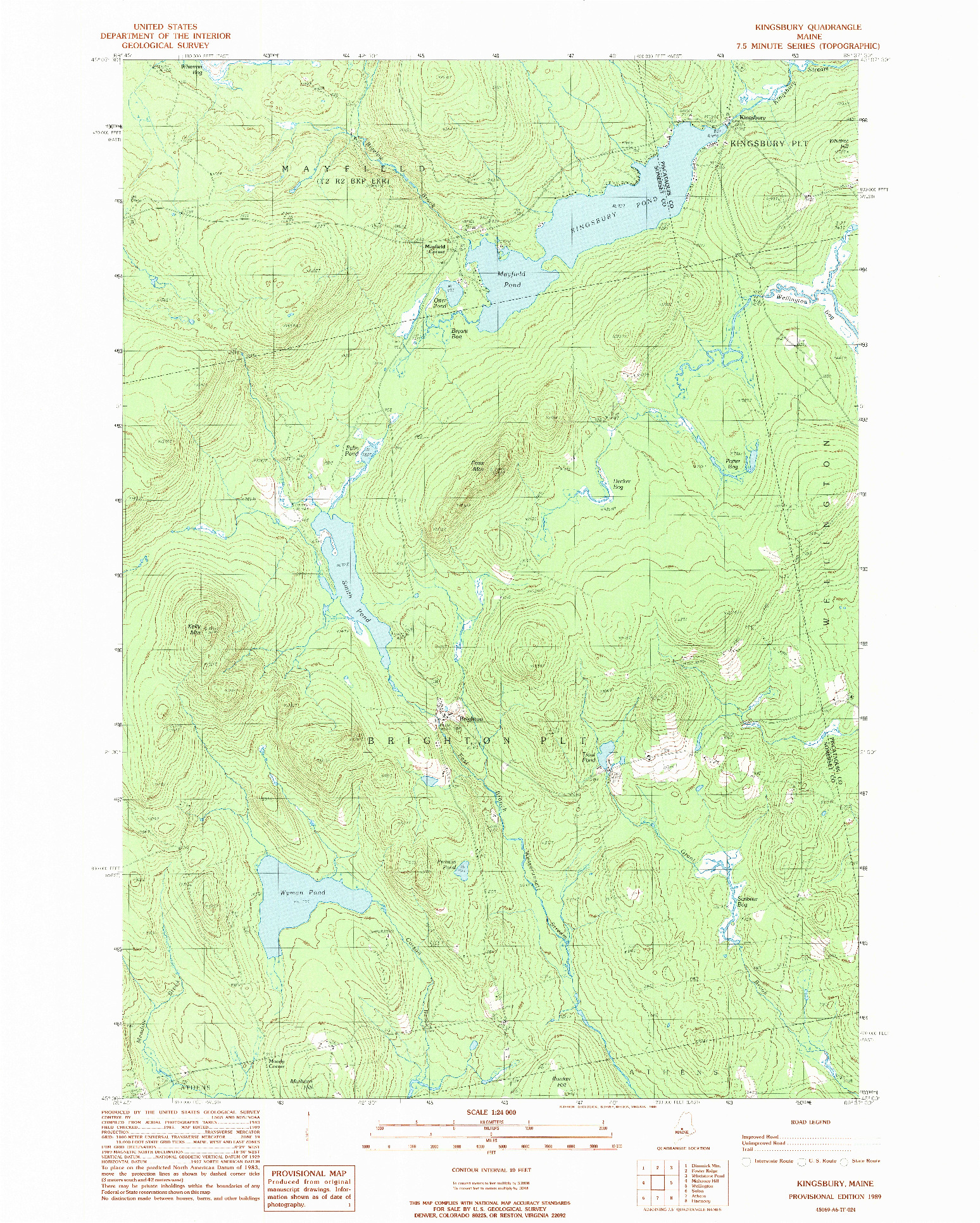 USGS 1:24000-SCALE QUADRANGLE FOR KINGSBURY, ME 1989