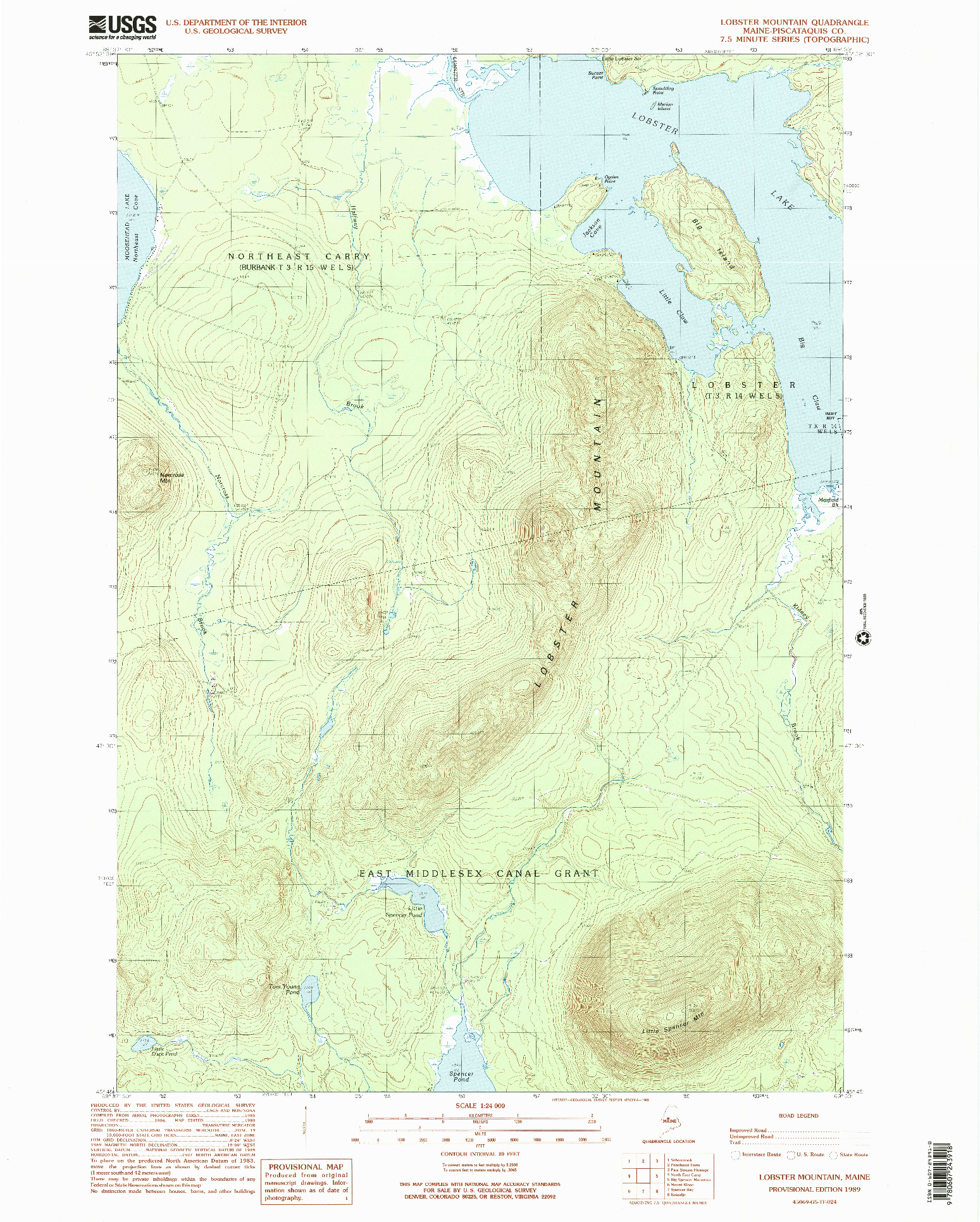 USGS 1:24000-SCALE QUADRANGLE FOR LOBSTER MOUNTAIN, ME 1989