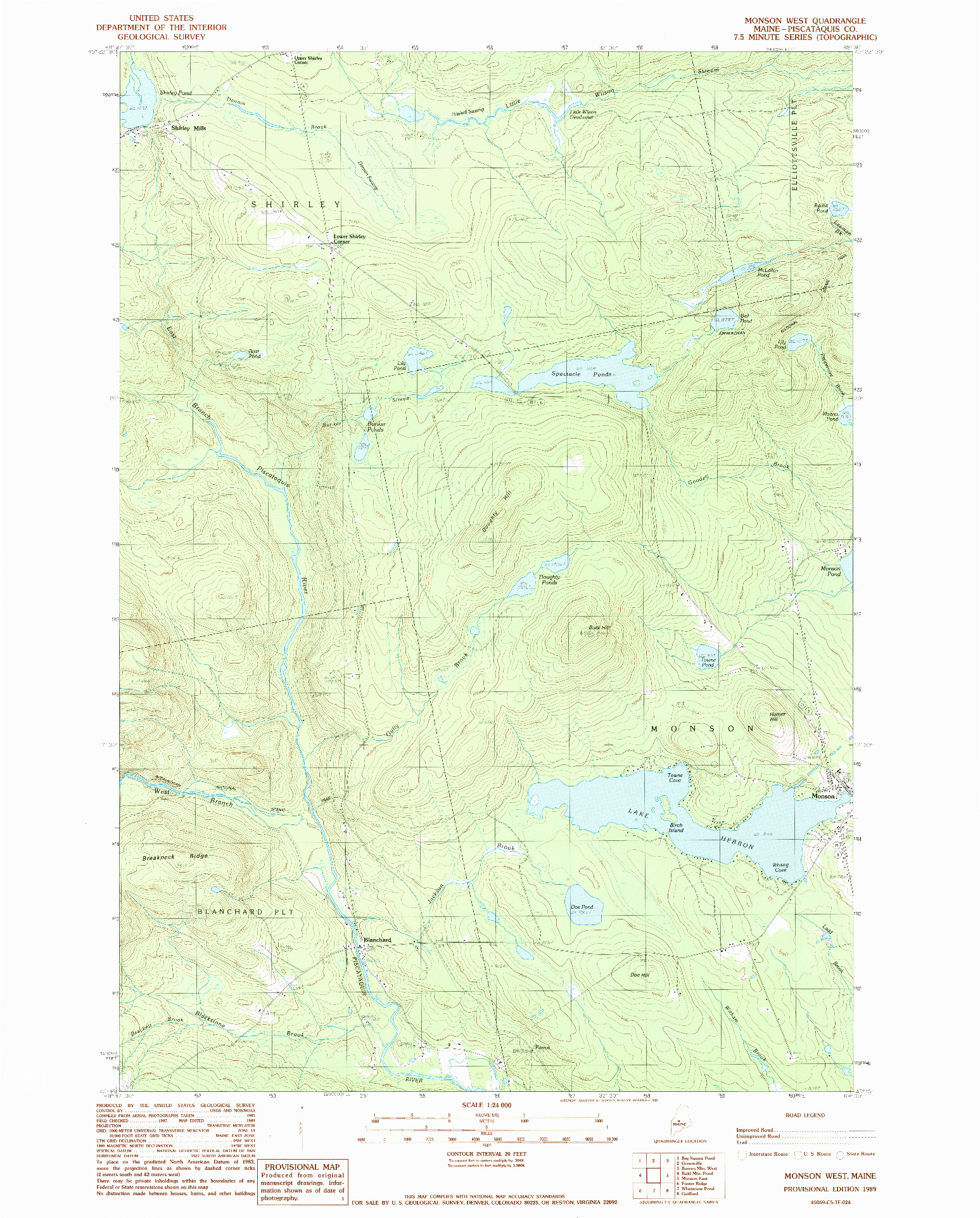 USGS 1:24000-SCALE QUADRANGLE FOR MONSON WEST, ME 1989