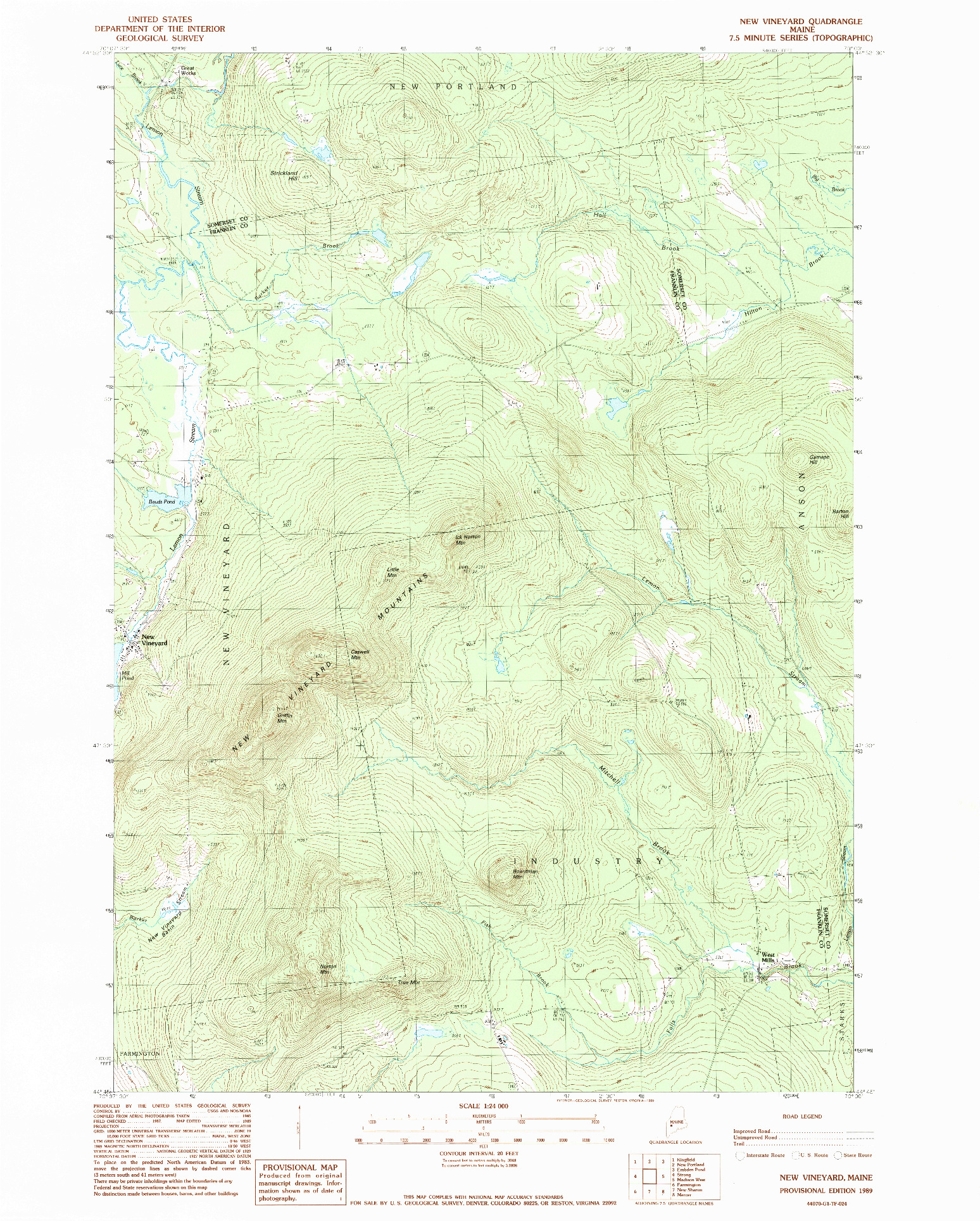 USGS 1:24000-SCALE QUADRANGLE FOR NEW VINEYARD, ME 1989