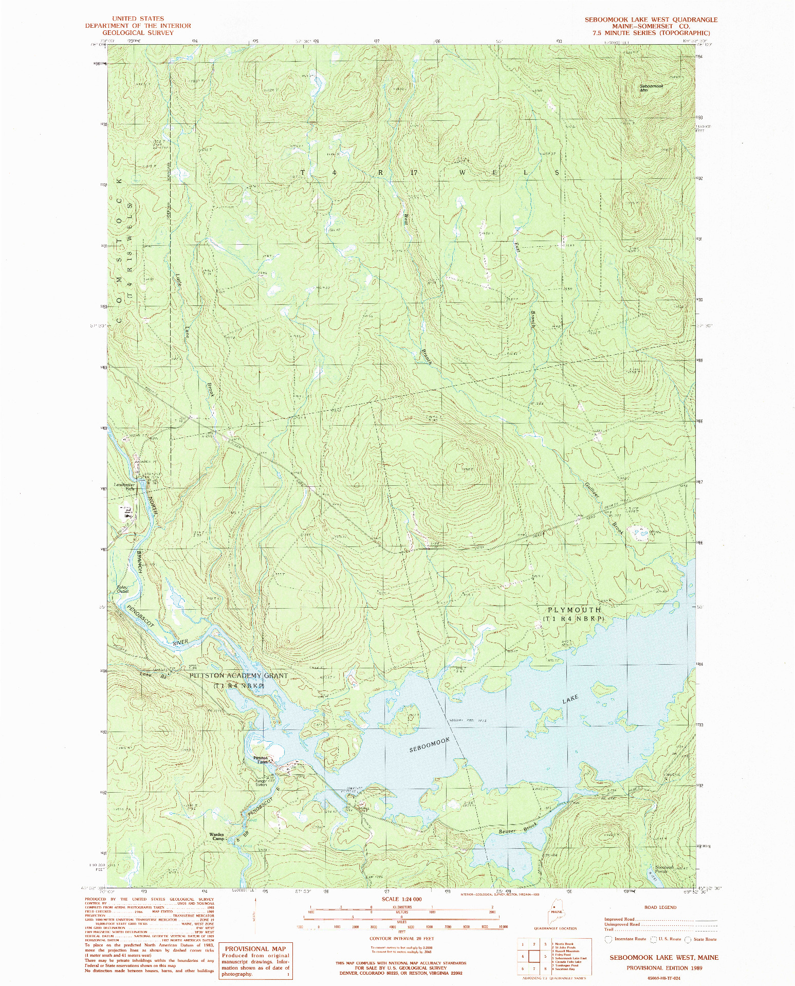 USGS 1:24000-SCALE QUADRANGLE FOR SEBOOMOOK LAKE WEST, ME 1989