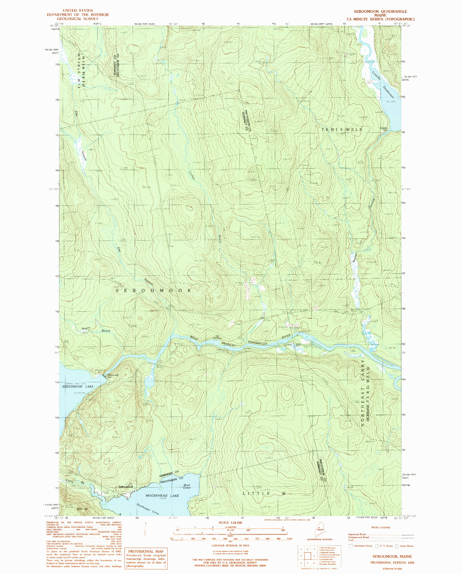 USGS 1:24000-SCALE QUADRANGLE FOR SEBOOMOOK, ME 1989