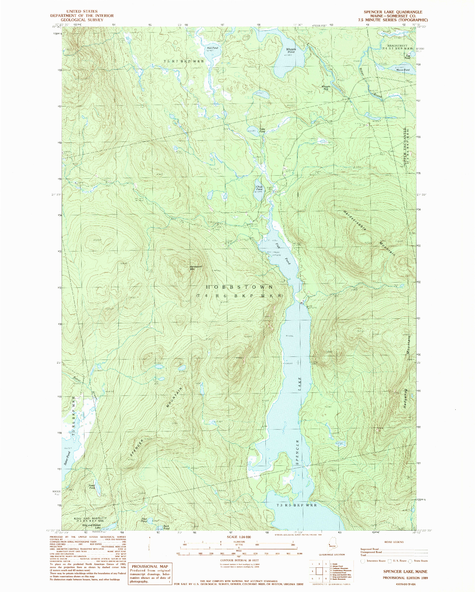 USGS 1:24000-SCALE QUADRANGLE FOR SPENCER LAKE, ME 1989