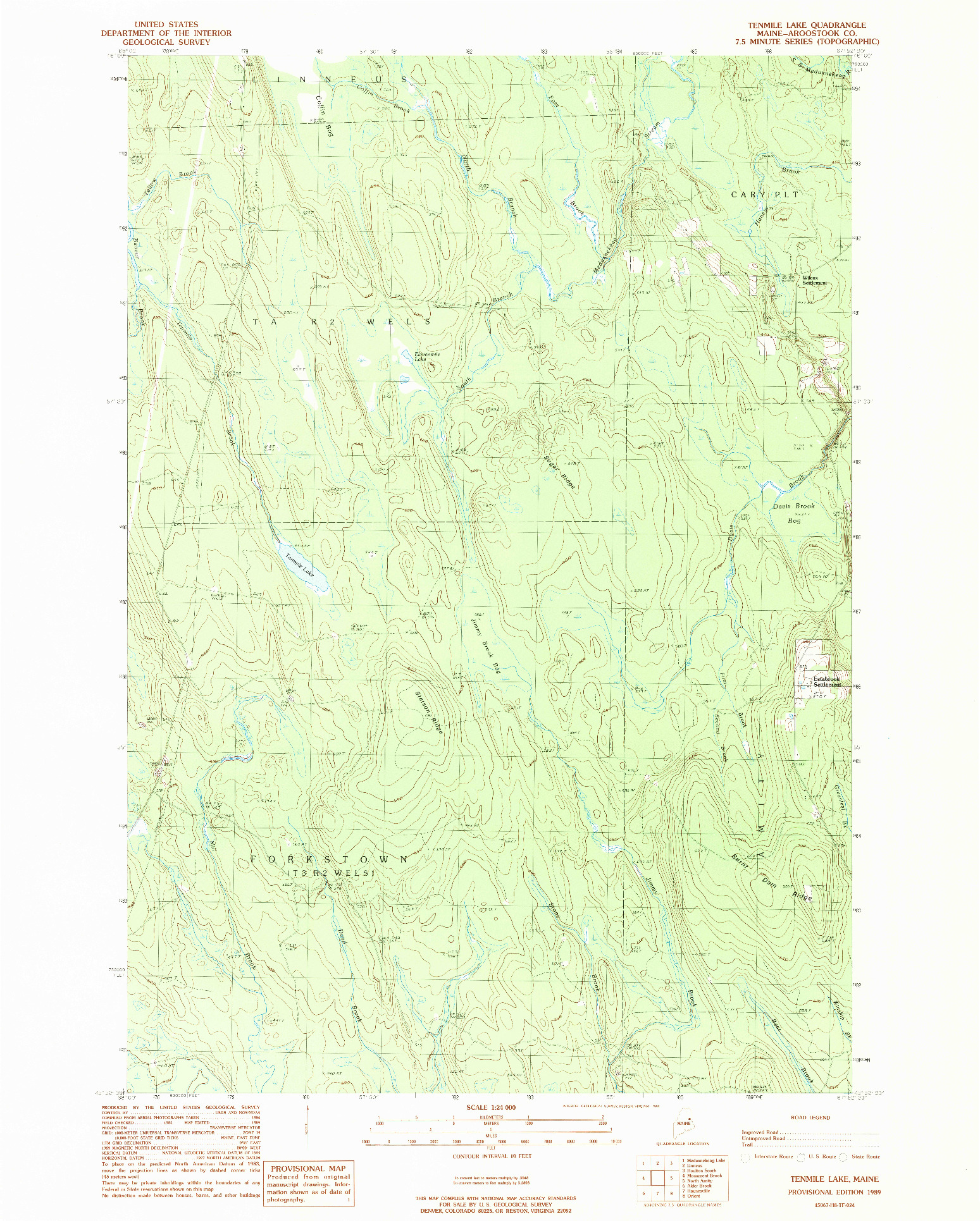 USGS 1:24000-SCALE QUADRANGLE FOR TENMILE LAKE, ME 1989