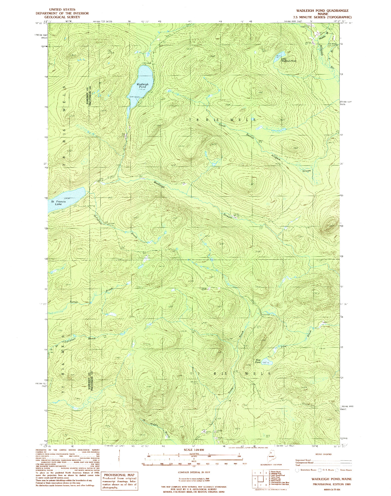 USGS 1:24000-SCALE QUADRANGLE FOR WADLEIGH POND, ME 1989