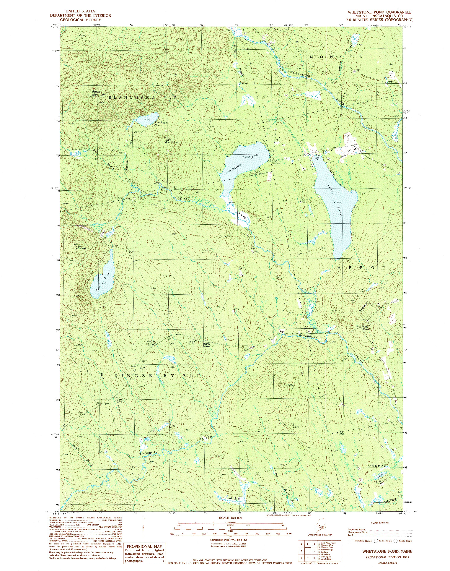 USGS 1:24000-SCALE QUADRANGLE FOR WHETSTONE POND, ME 1989