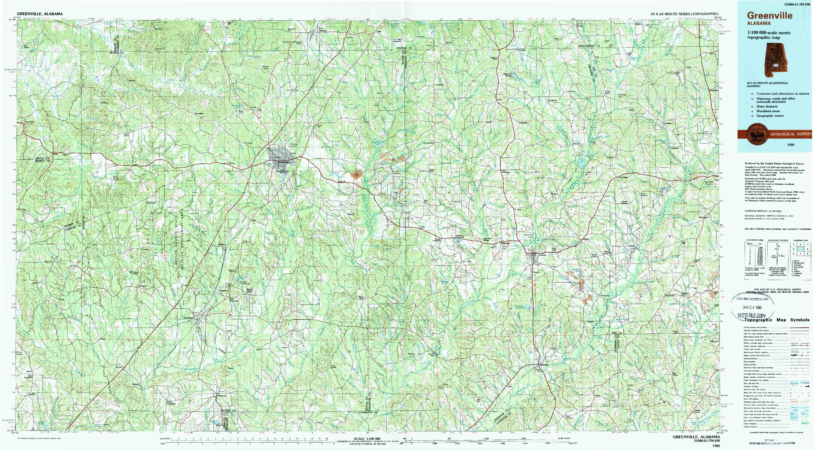 USGS 1:100000-SCALE QUADRANGLE FOR GREENVILLE, AL 1986