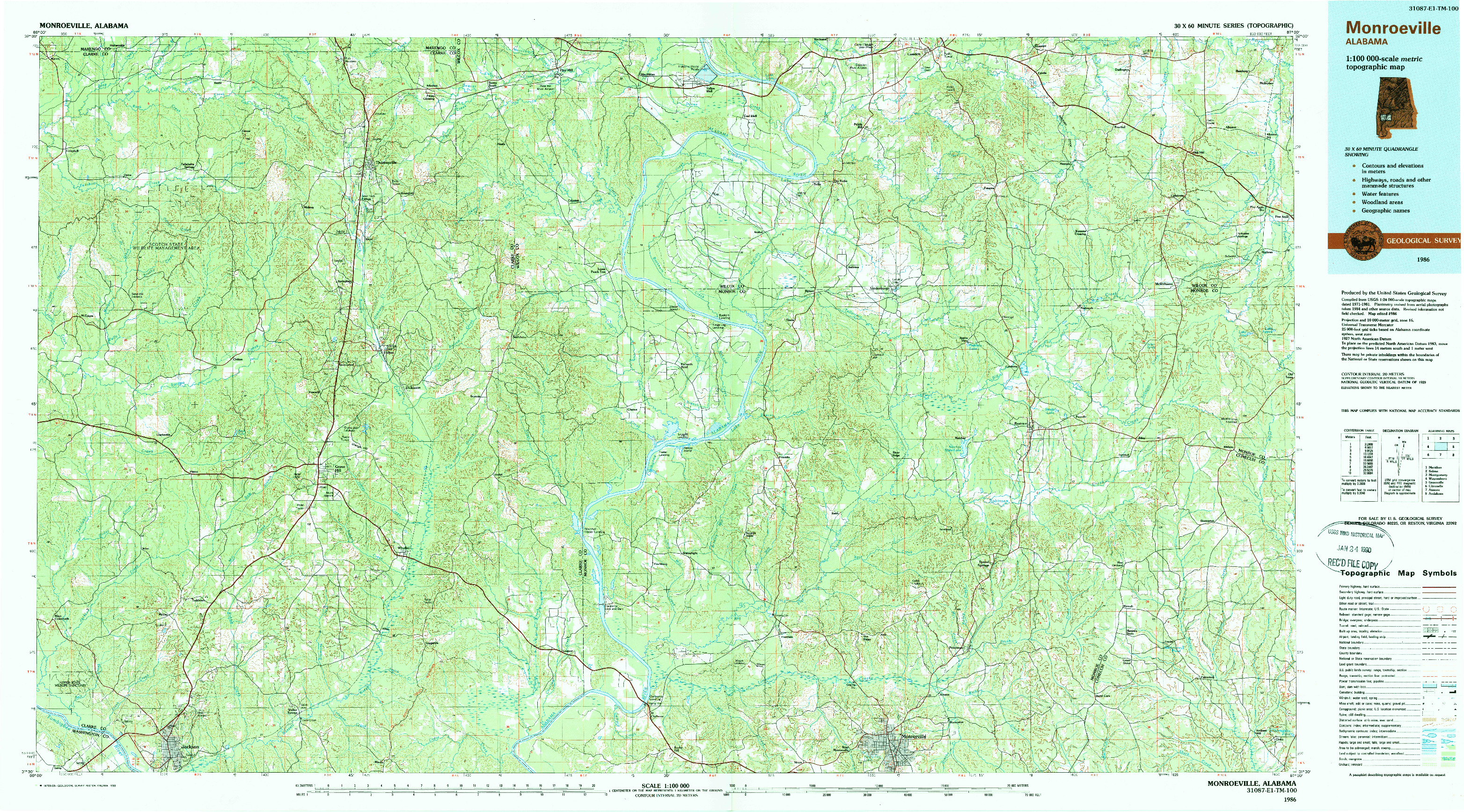 USGS 1:100000-SCALE QUADRANGLE FOR MONROEVILLE, AL 1986