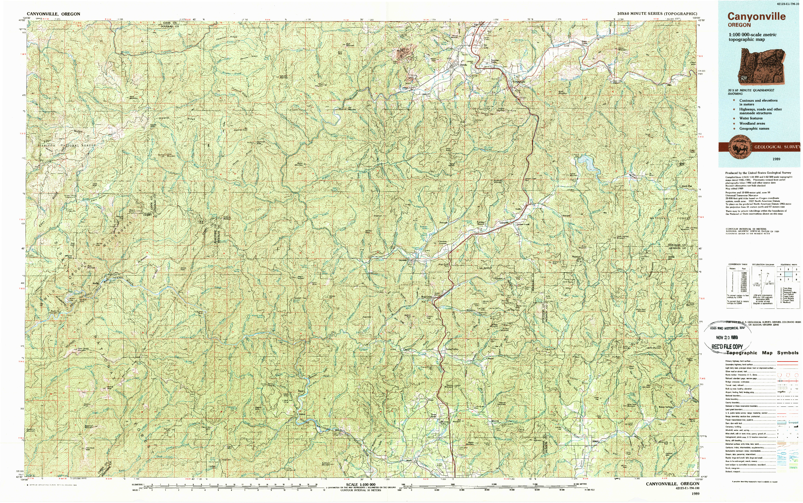 USGS 1:100000-SCALE QUADRANGLE FOR CANYONVILLE, OR 1989