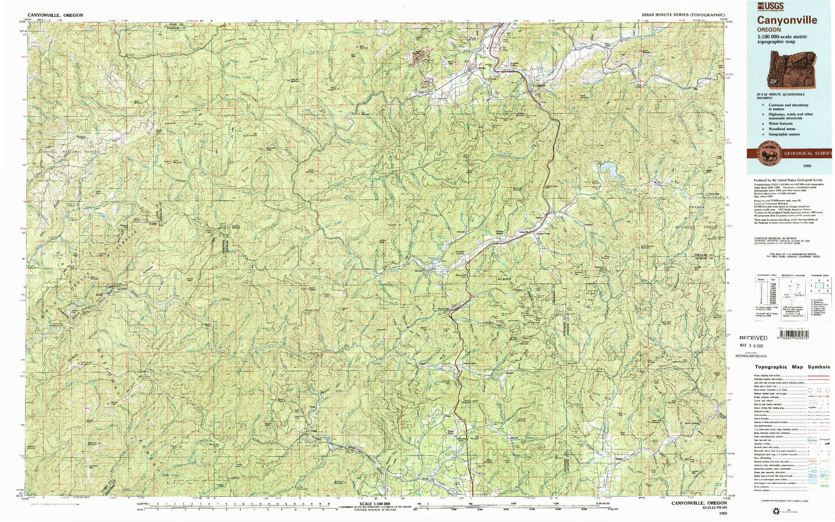 USGS 1:100000-SCALE QUADRANGLE FOR CANYONVILLE, OR 1989