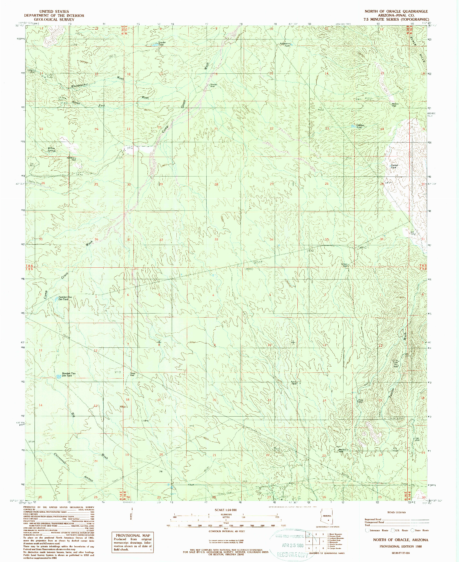 USGS 1:24000-SCALE QUADRANGLE FOR NORTH OF ORACLE, AZ 1988