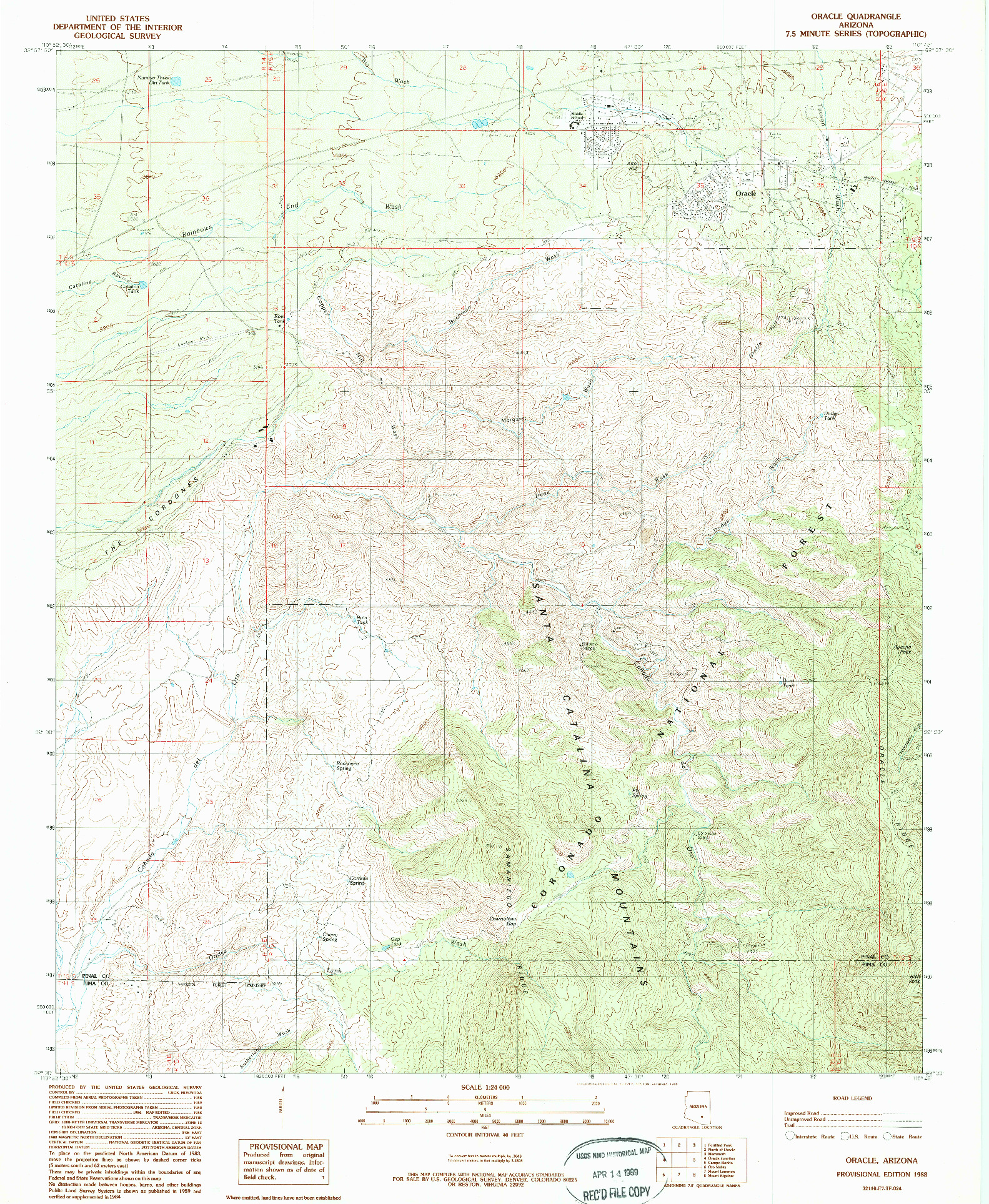 USGS 1:24000-SCALE QUADRANGLE FOR ORACLE, AZ 1988