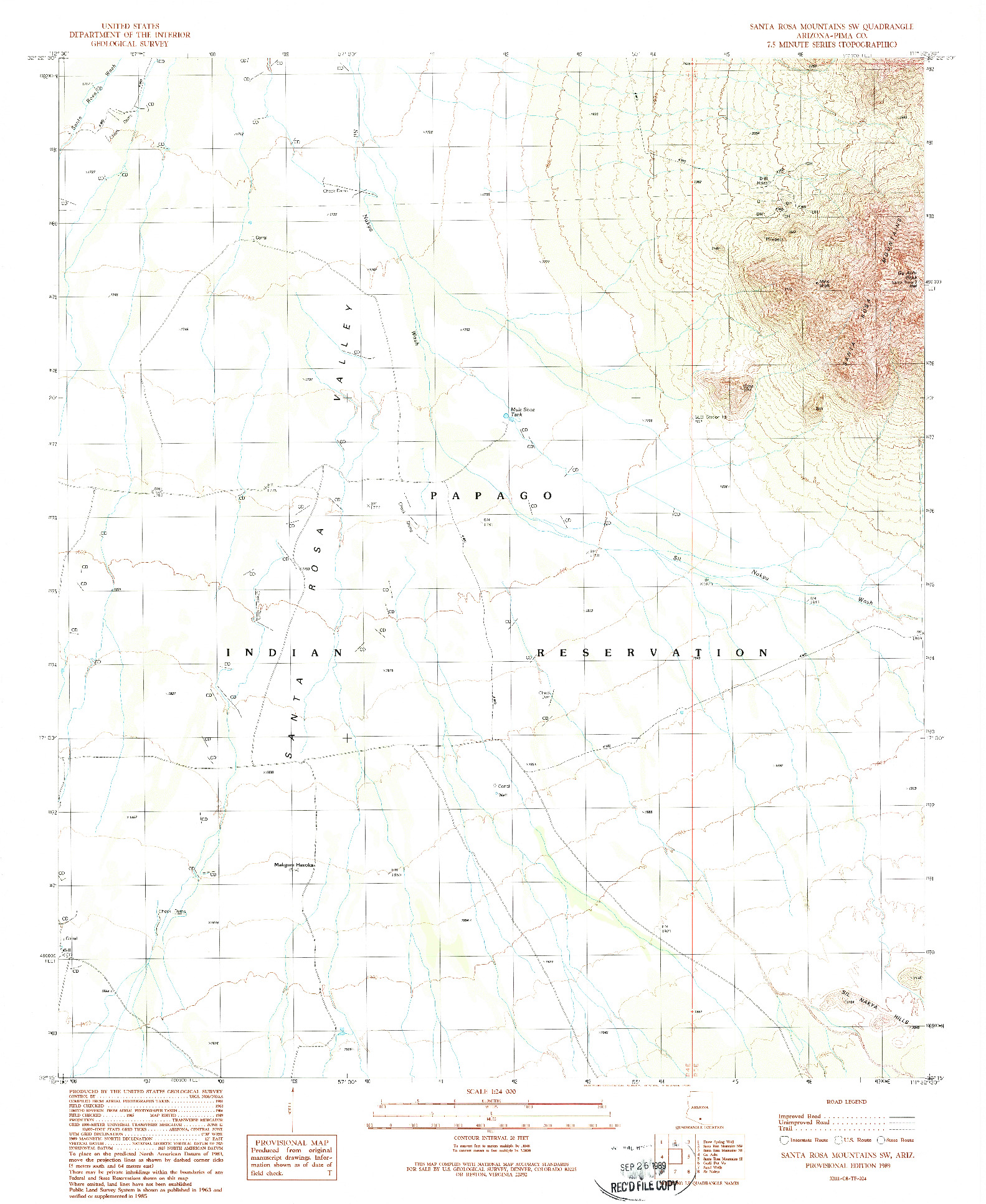 USGS 1:24000-SCALE QUADRANGLE FOR SANTA ROSA MOUNTAINS SW, AZ 1989