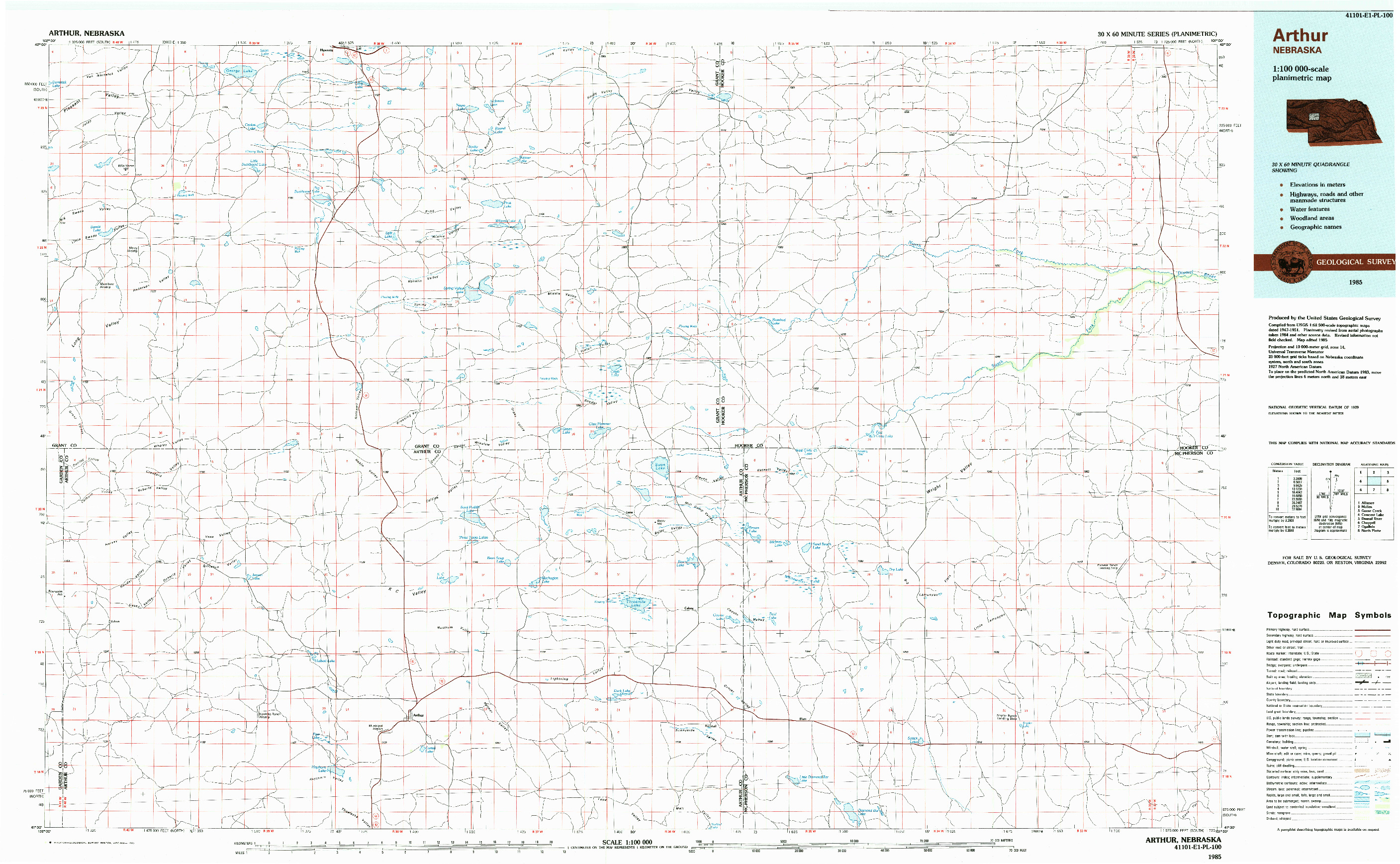 USGS 1:100000-SCALE QUADRANGLE FOR ARTHUR, NE 1985