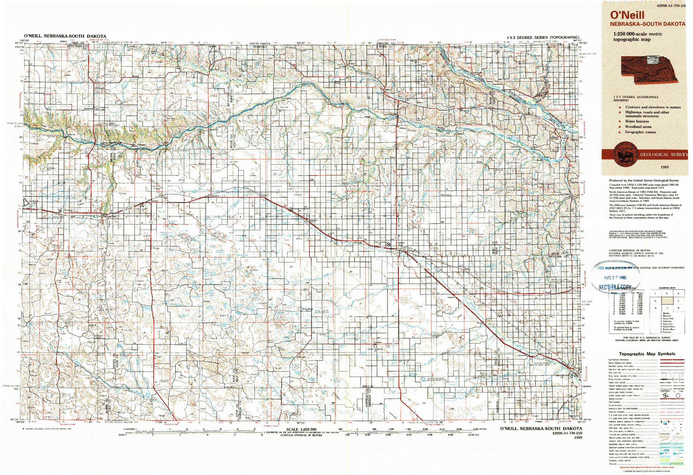 USGS 1:250000-SCALE QUADRANGLE FOR O'NEILL, NE 1989