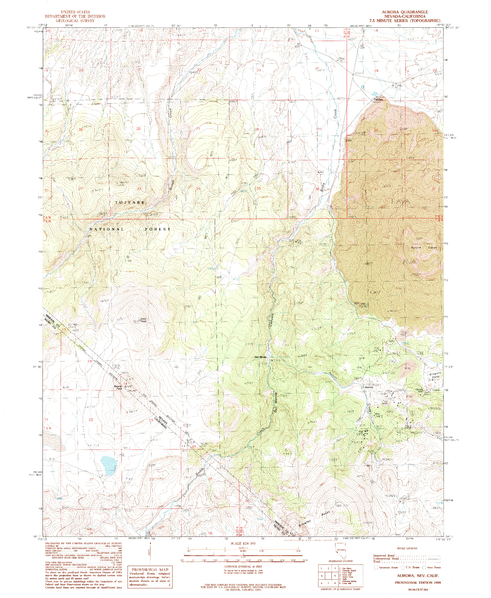 USGS 1:24000-SCALE QUADRANGLE FOR AURORA, NV 1989
