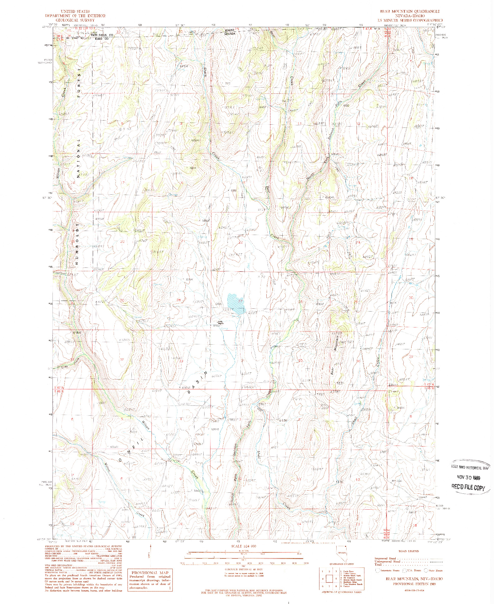 USGS 1:24000-SCALE QUADRANGLE FOR BEAR MOUNTAIN, NV 1989