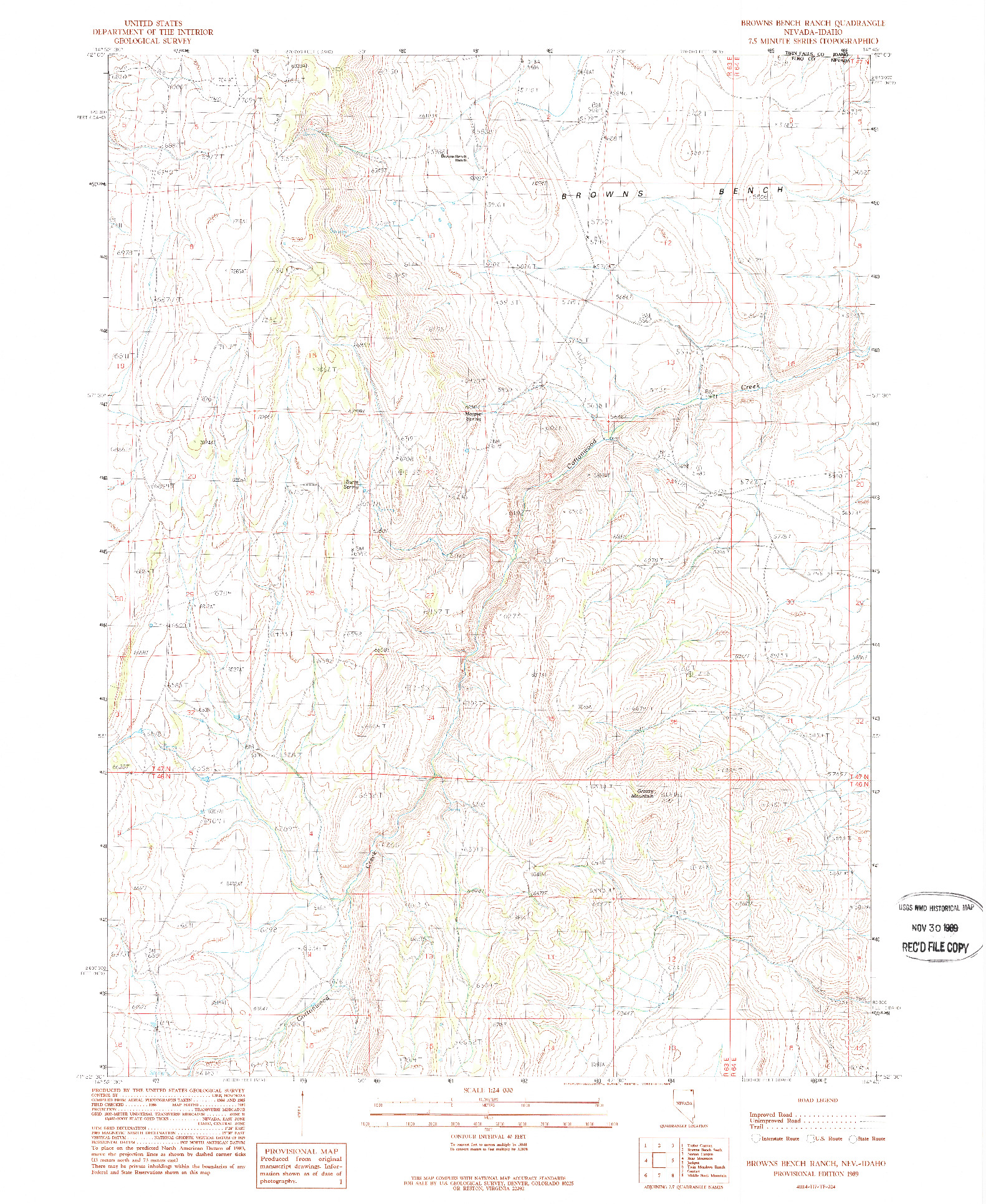USGS 1:24000-SCALE QUADRANGLE FOR BROWNS BENCH RANCH, NV 1989