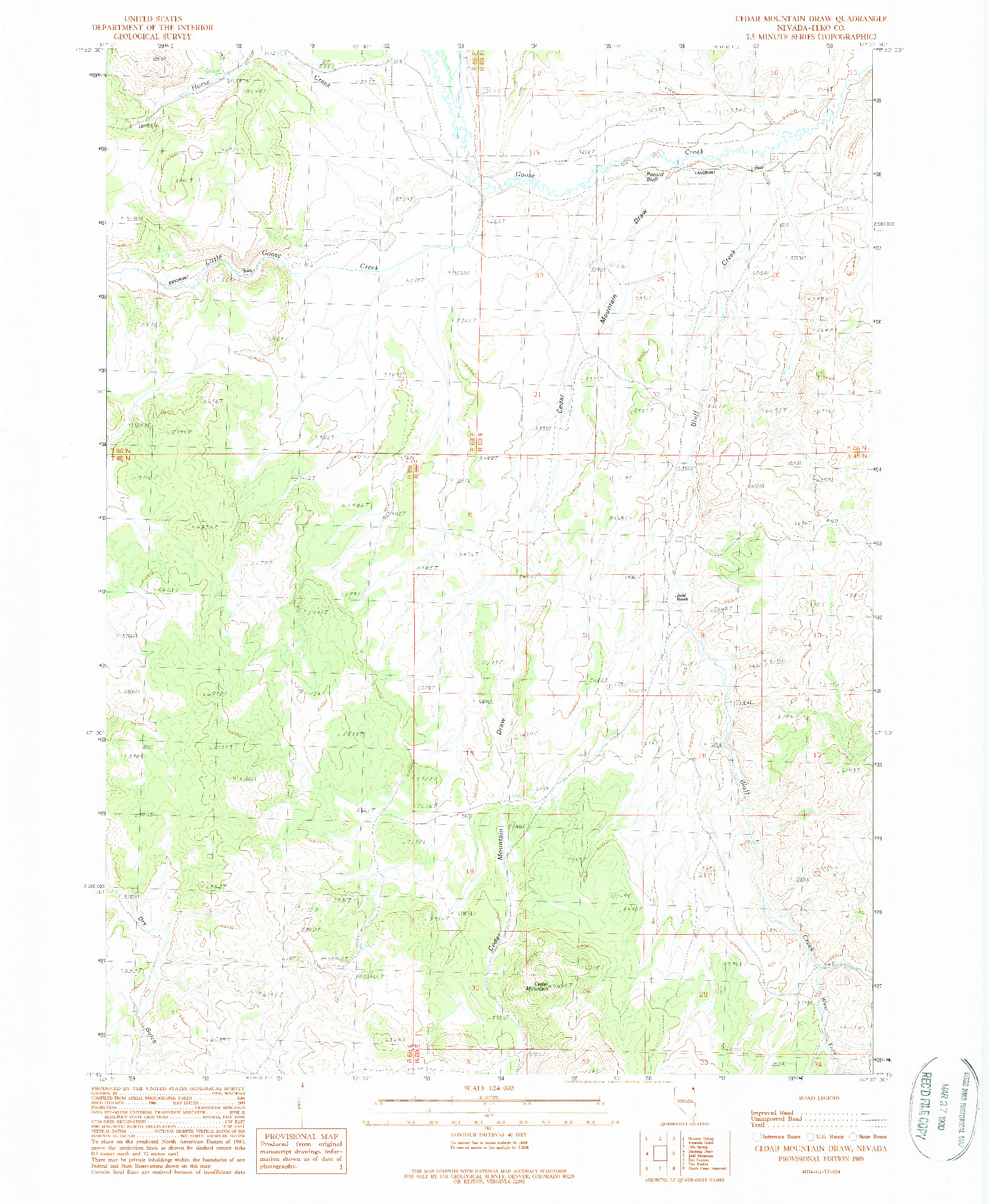 USGS 1:24000-SCALE QUADRANGLE FOR CEDAR MOUNTAIN DRAW, NV 1989