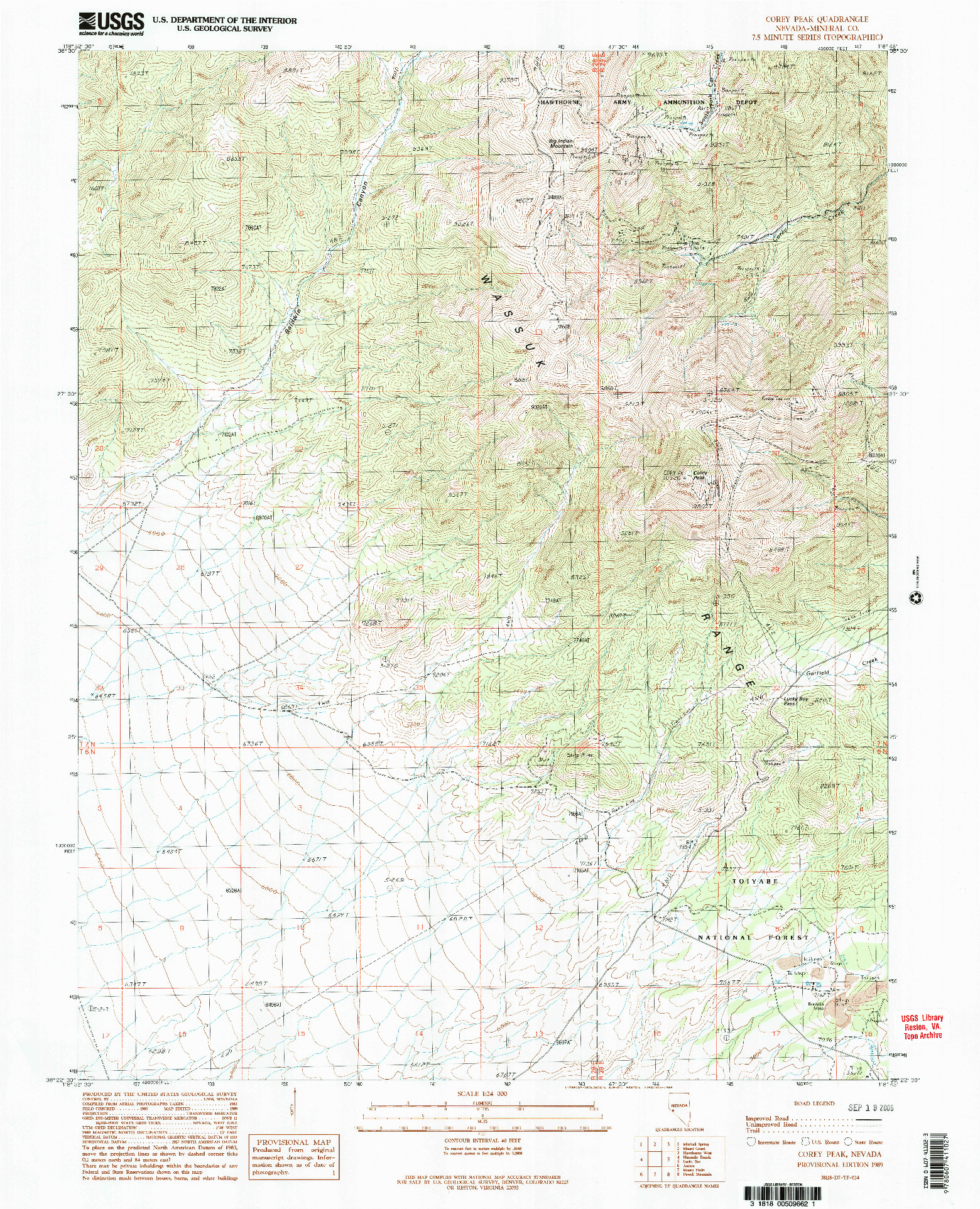 USGS 1:24000-SCALE QUADRANGLE FOR COREY PEAK, NV 1989