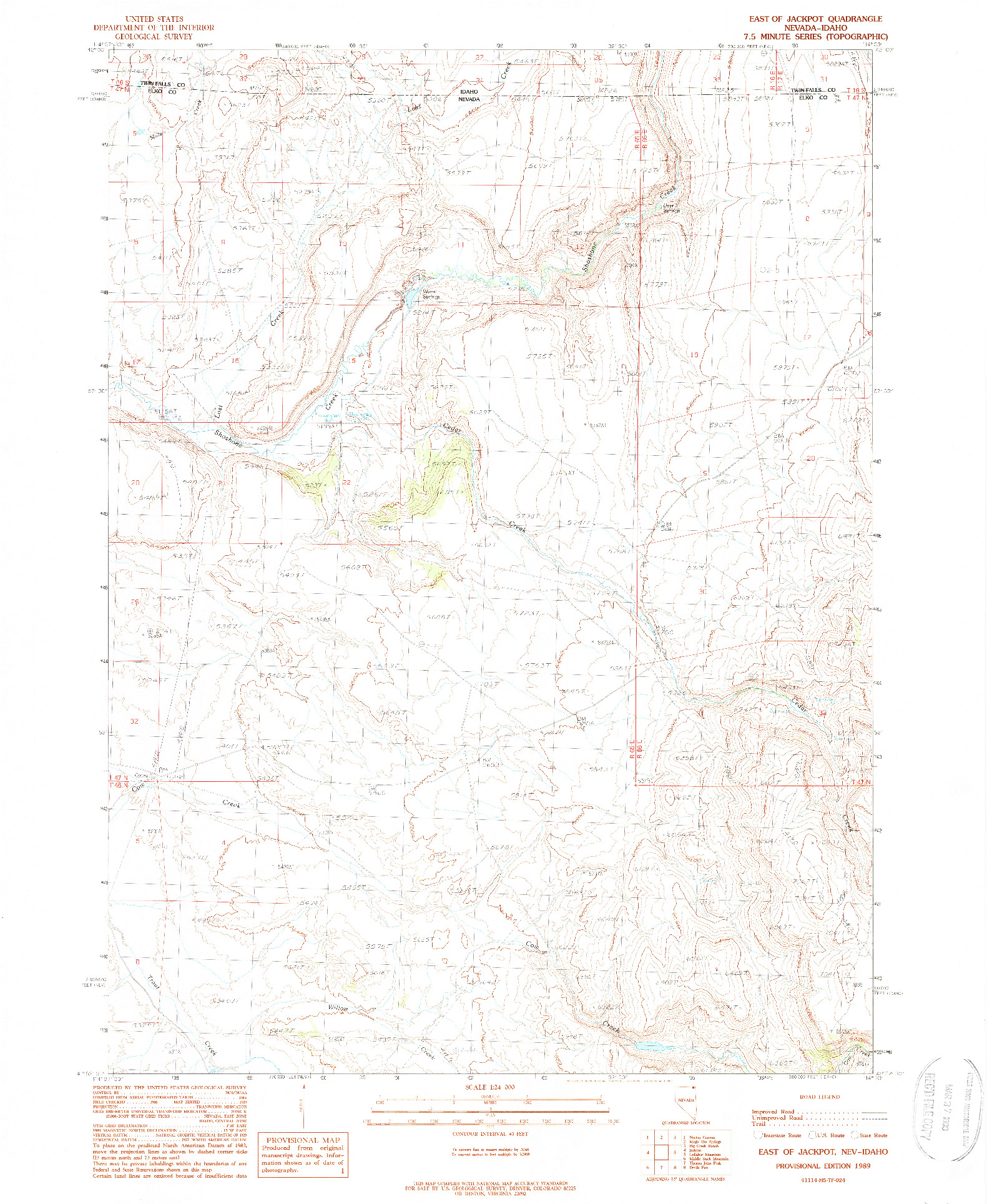 USGS 1:24000-SCALE QUADRANGLE FOR EAST OF JACKPOT, NV 1989