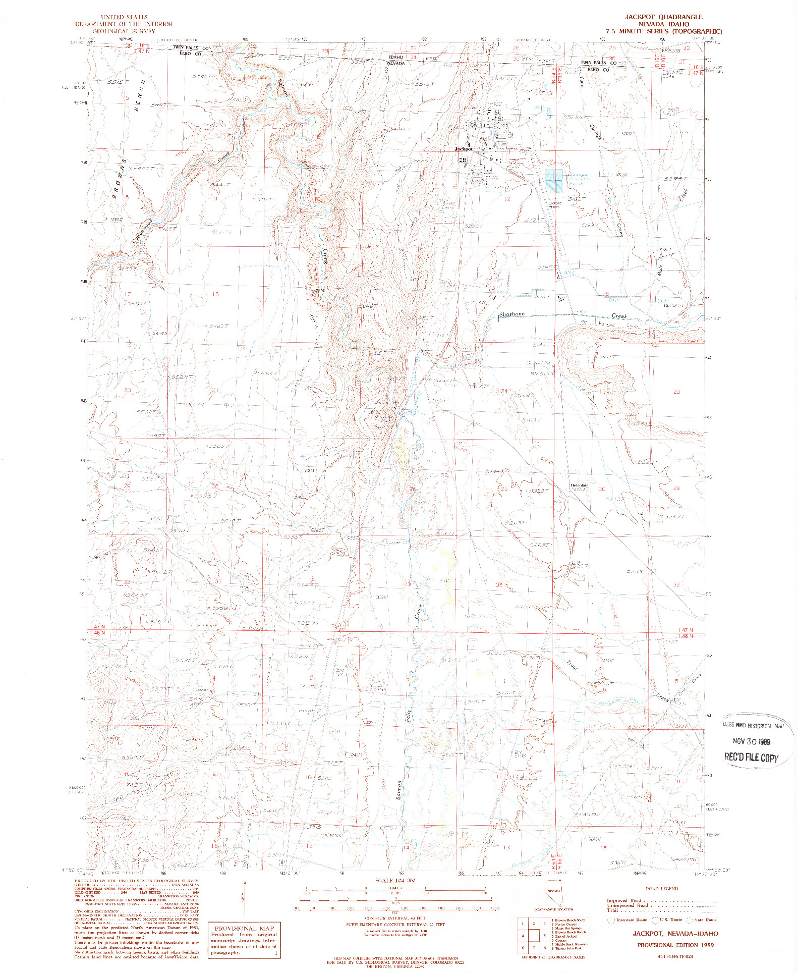 USGS 1:24000-SCALE QUADRANGLE FOR JACKPOT, NV 1989