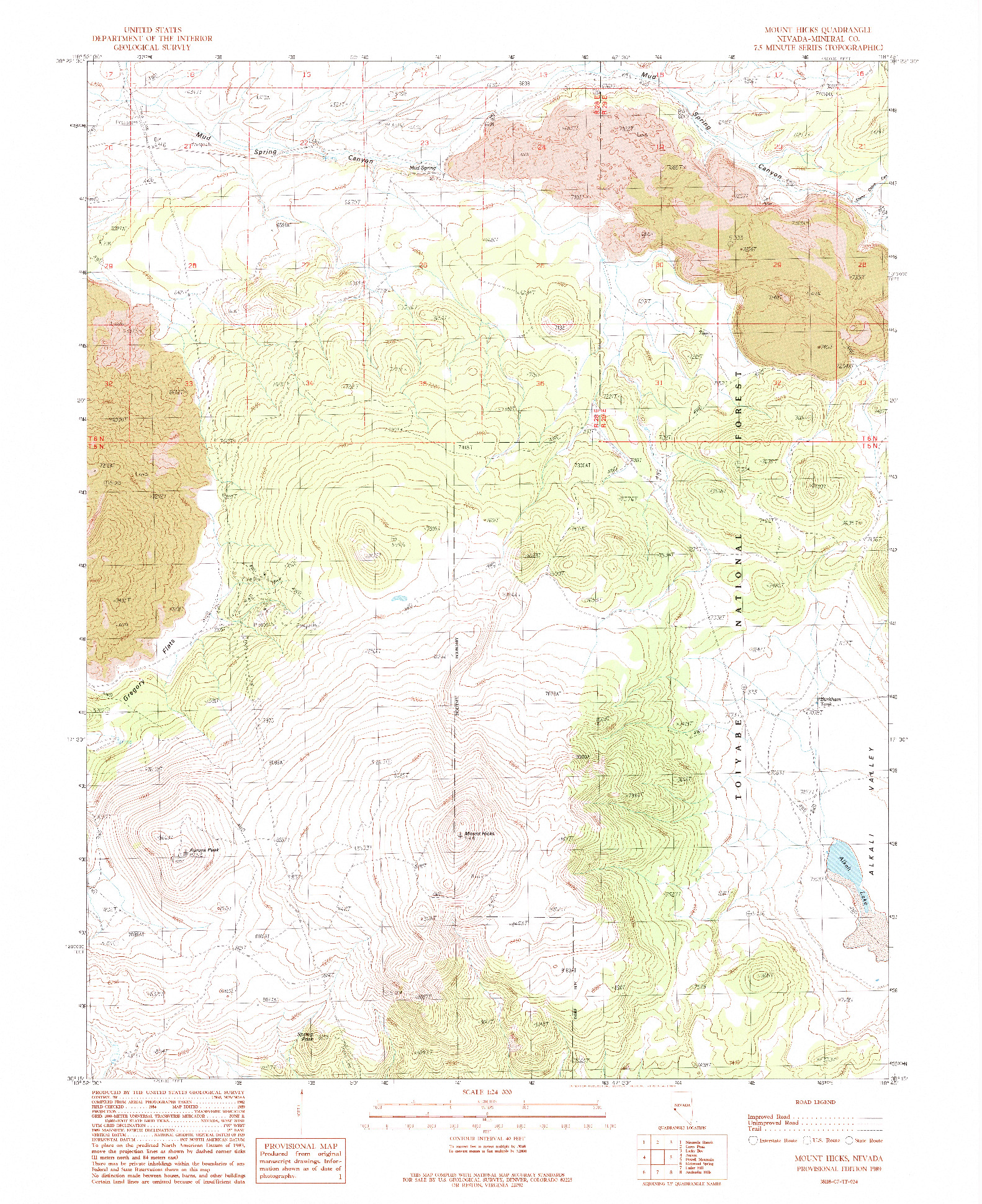 USGS 1:24000-SCALE QUADRANGLE FOR MOUNT HICKS, NV 1989