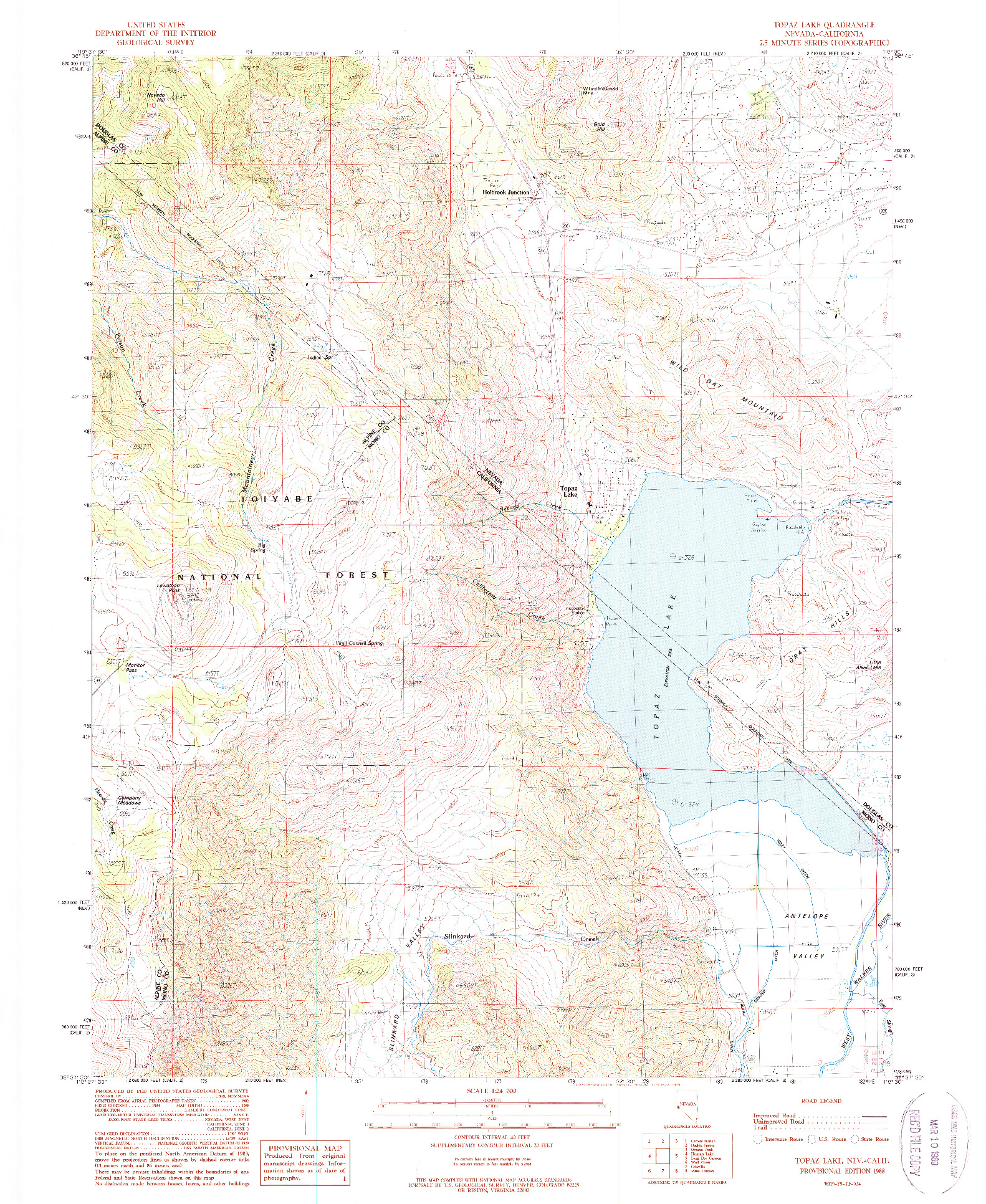 USGS 1:24000-SCALE QUADRANGLE FOR TOPAZ LAKE, NV 1988