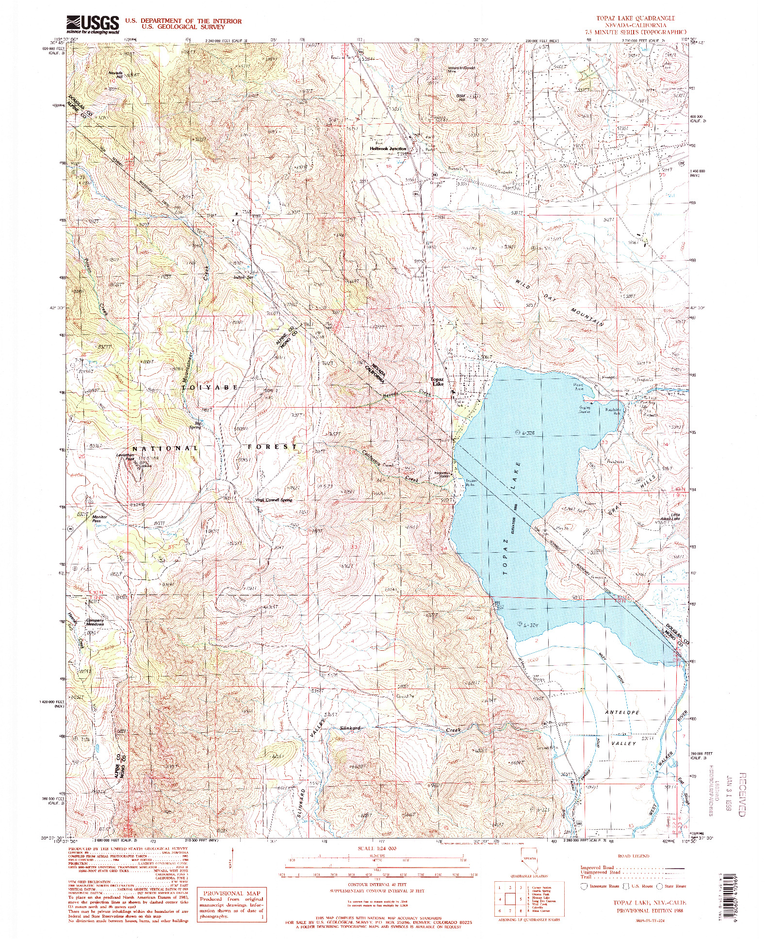 USGS 1:24000-SCALE QUADRANGLE FOR TOPAZ LAKE, NV 1988