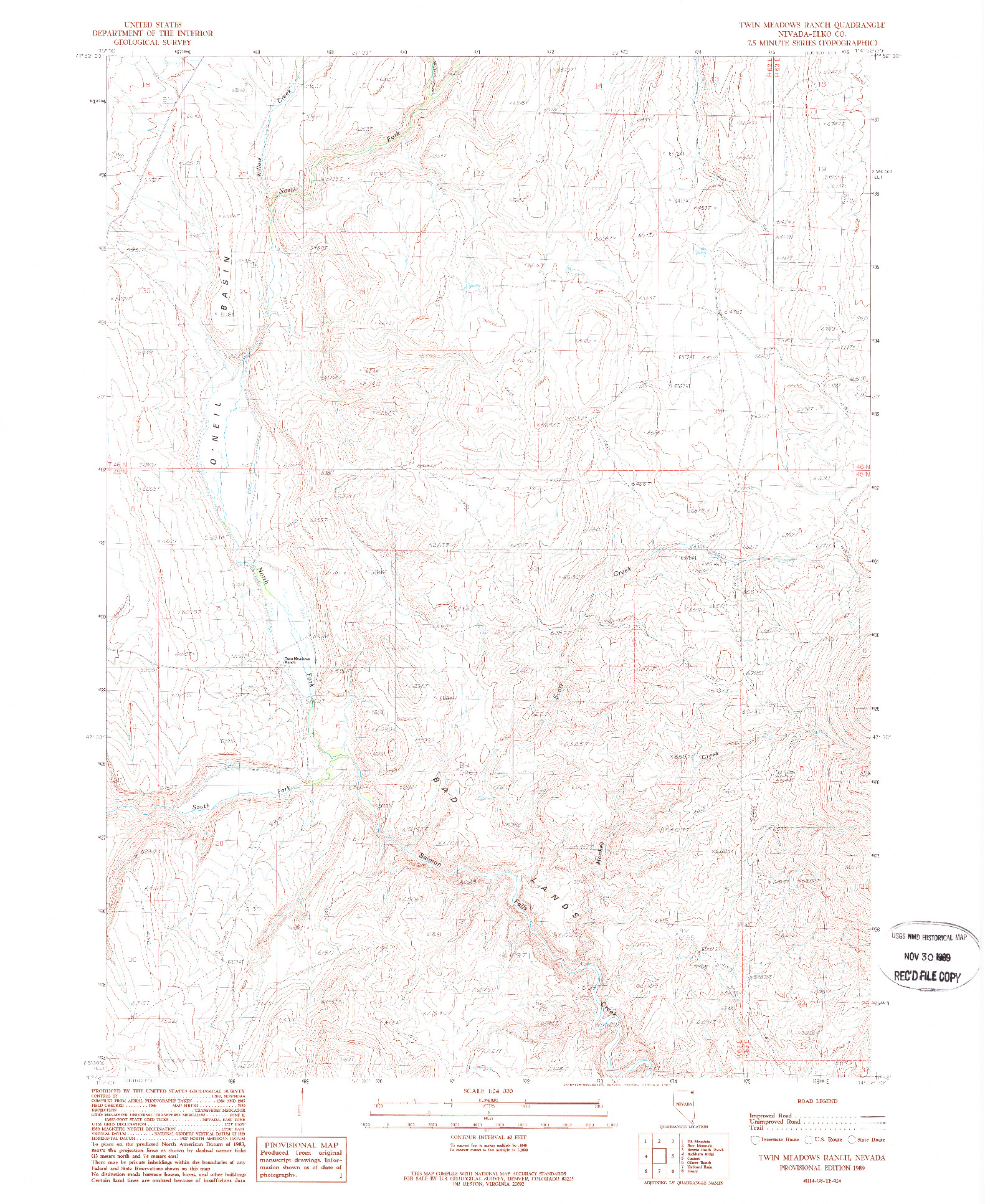 USGS 1:24000-SCALE QUADRANGLE FOR TWIN MEADOWS RANCH, NV 1989